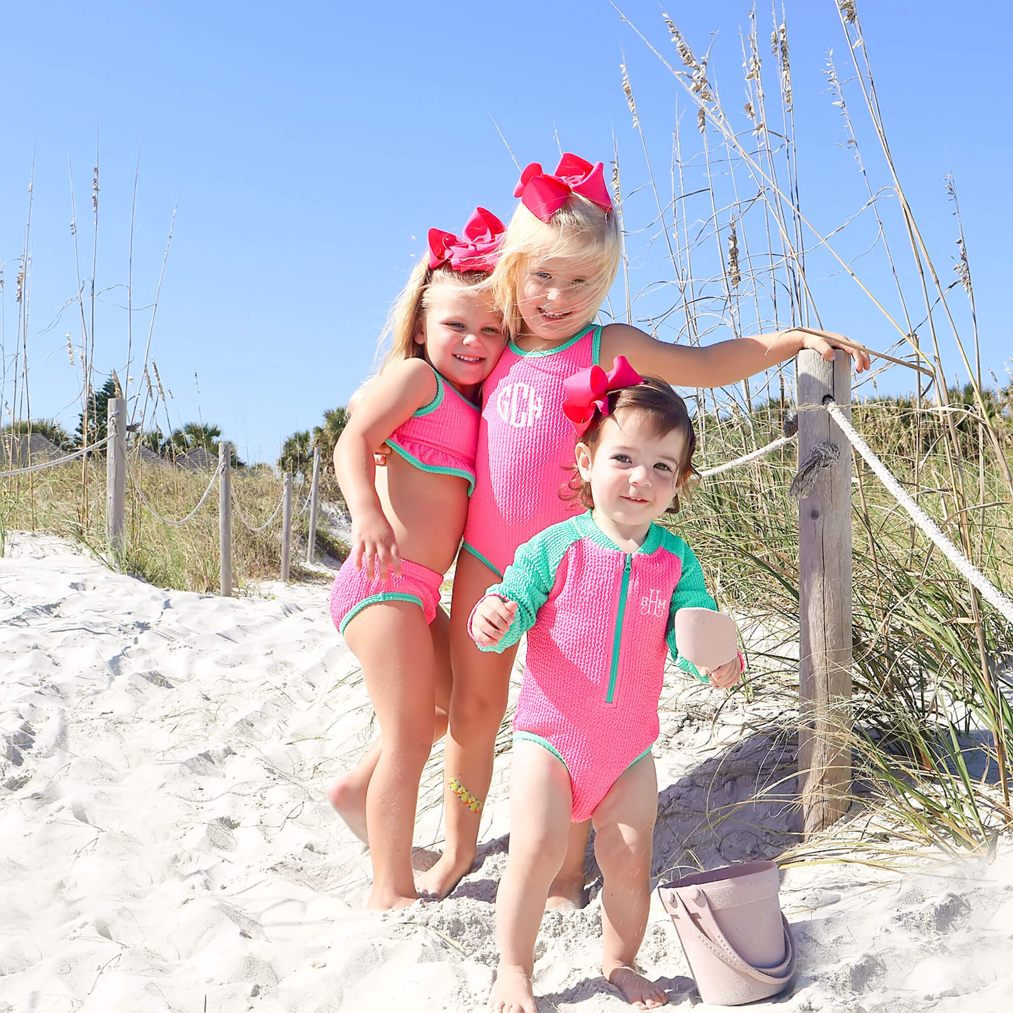 Aquamarine & Hot Pink Crinkle Rash Guard Swimsuit - Image 5