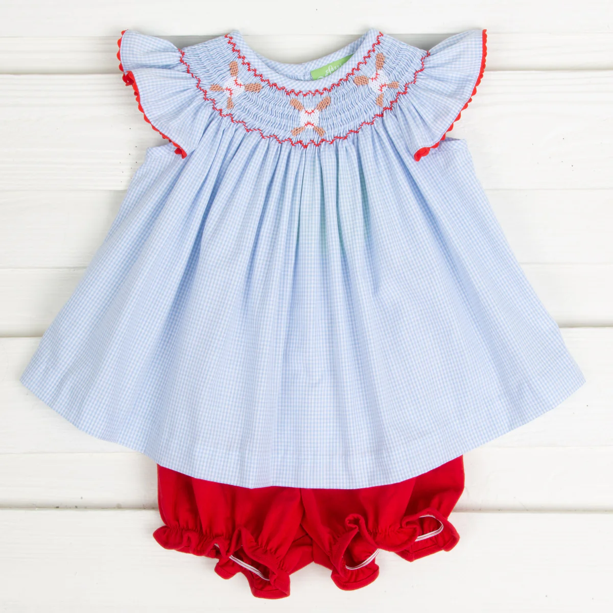 Baseball Smocked Bloomer Set Light Blue Gingham
