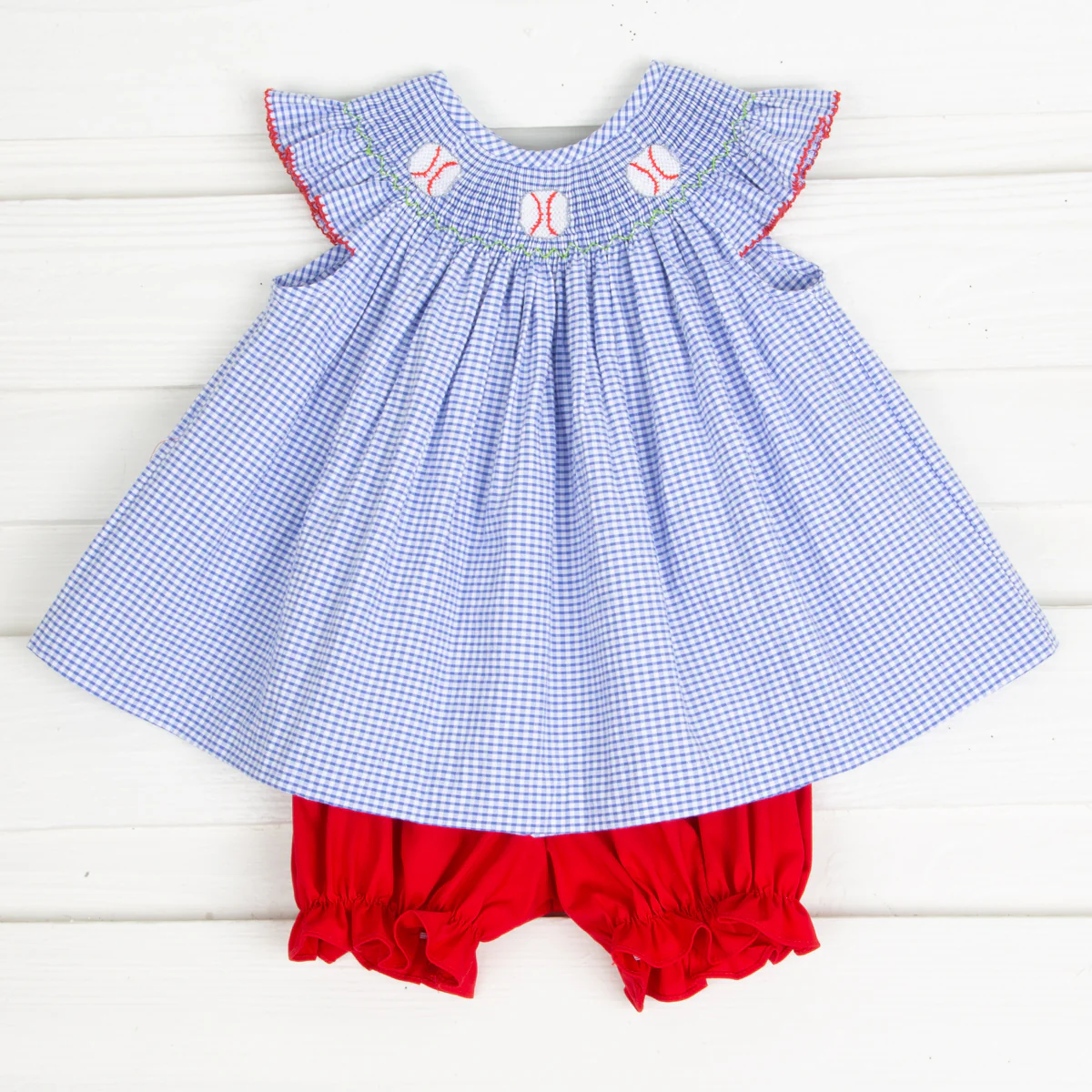 Baseball Smocked Bloomer Set Royal Gingham