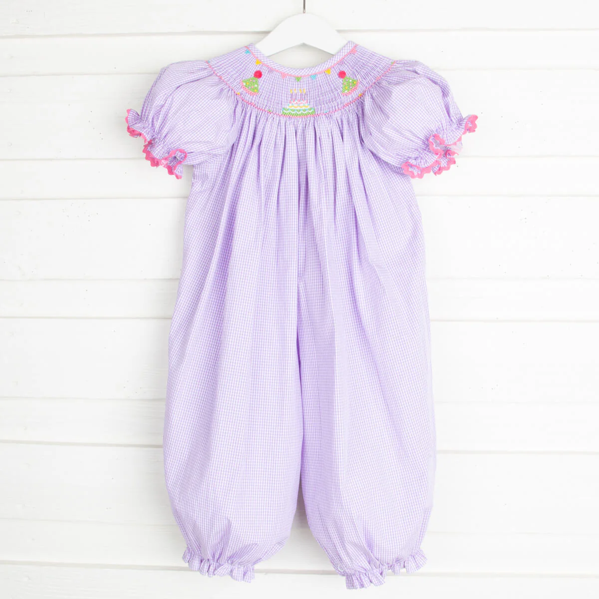 Birthday Smocked Long Bubble Lavender Gingham