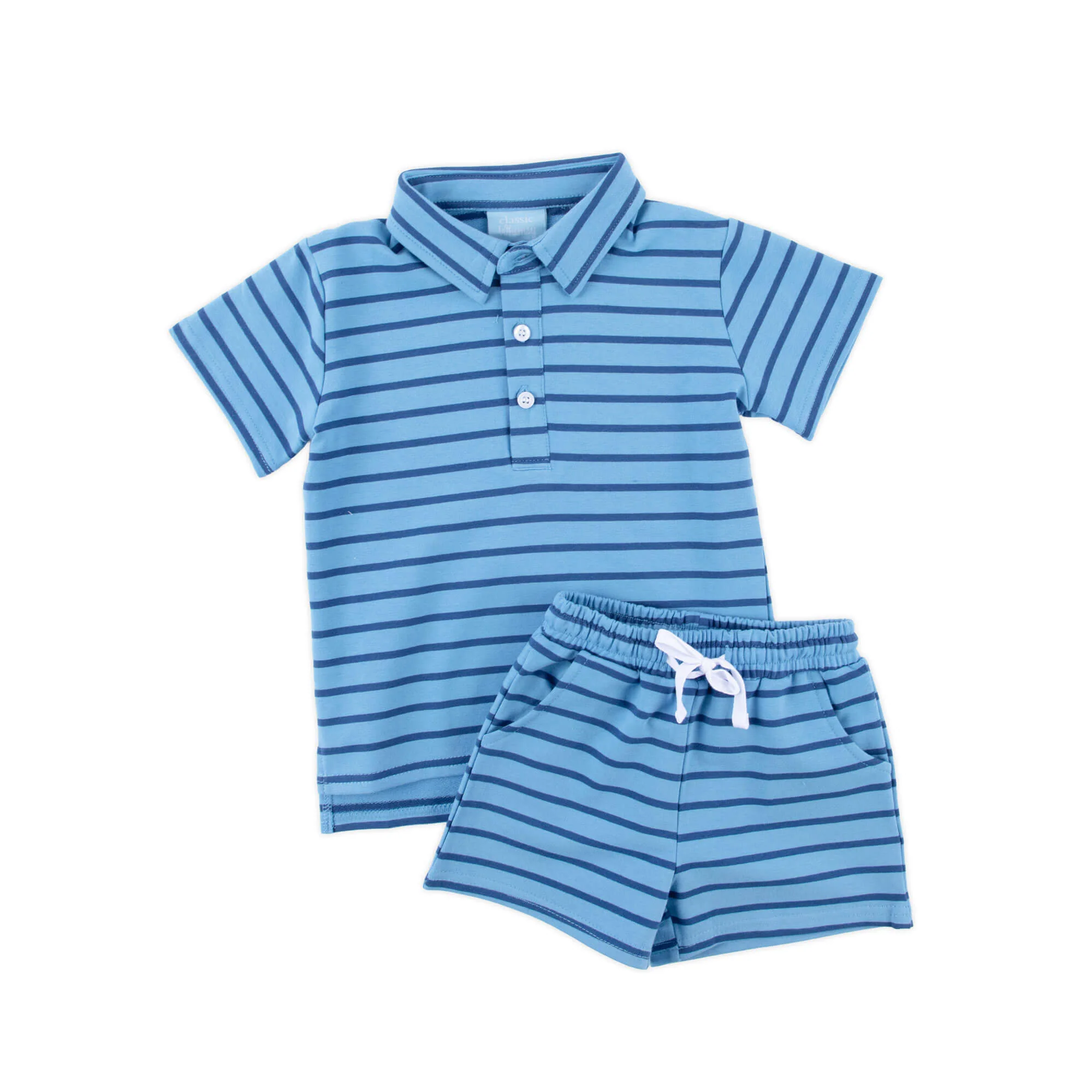 Blue & Navy Stripe Terry Polo Short Set - Image 4