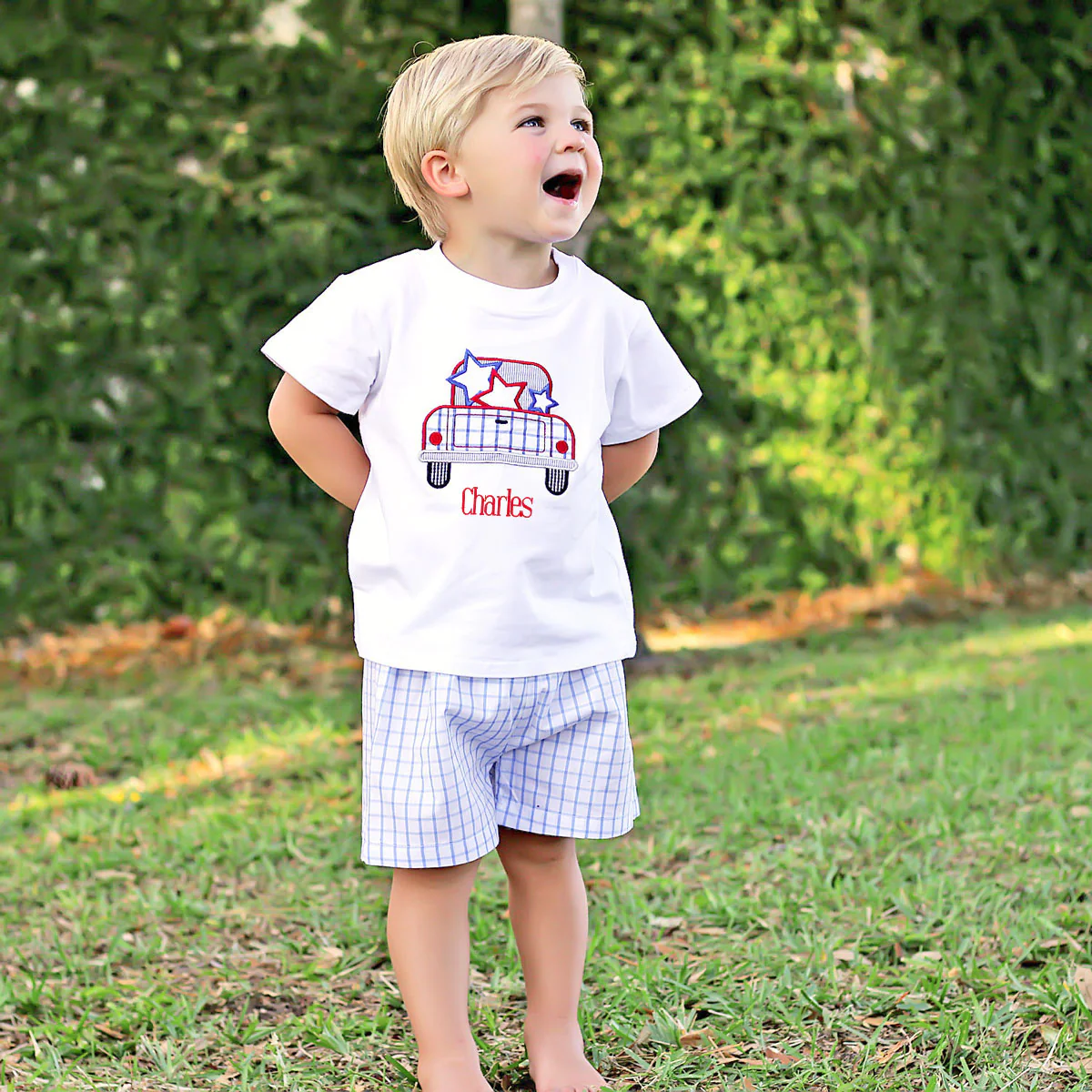 Patriotic Blue Windowpane Boy Short Set
