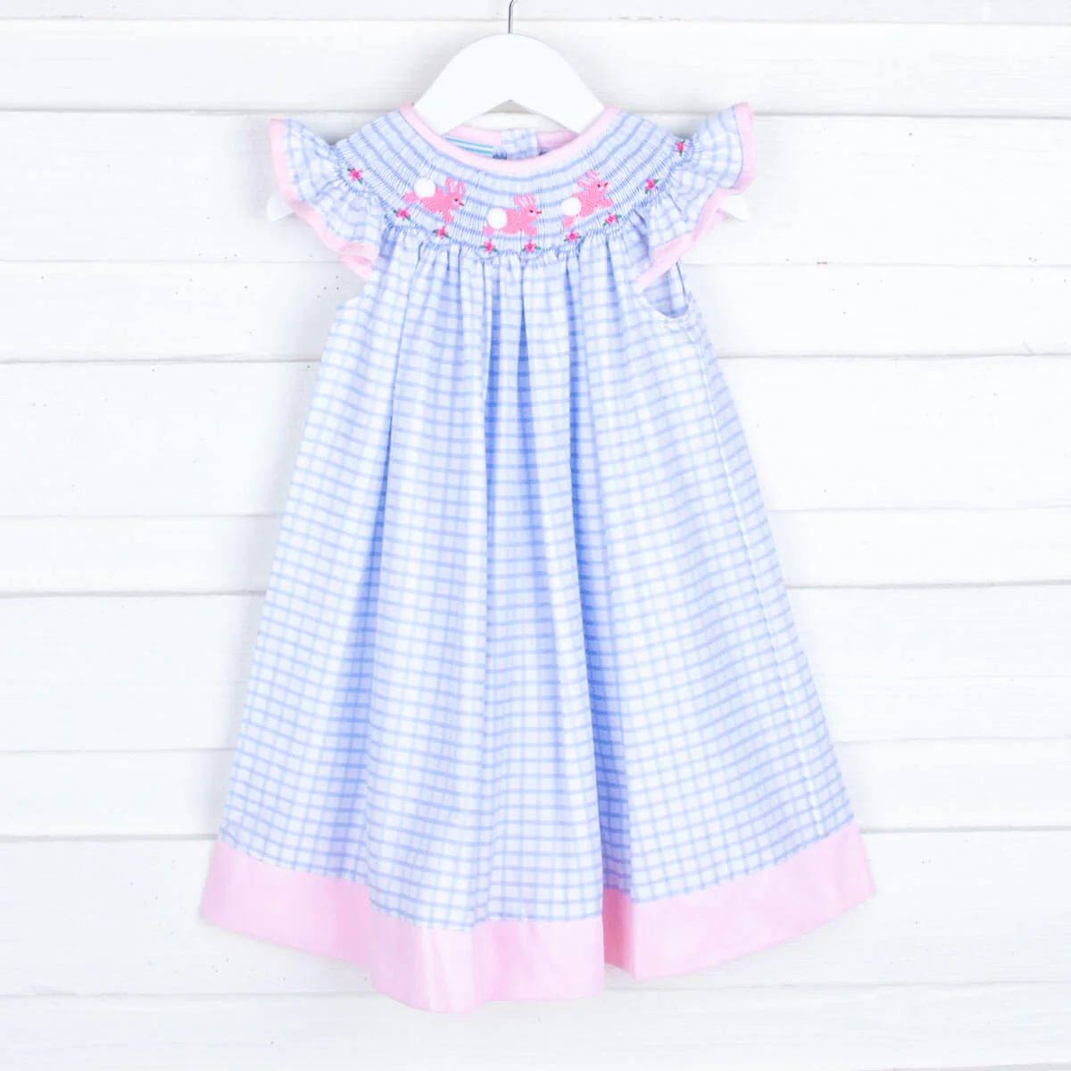 Blue Windowpane Bunny Smocked Dress