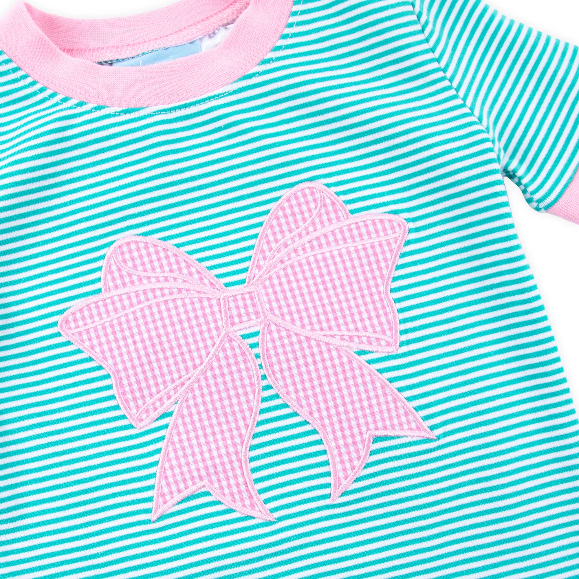 Bow Applique Green Stripe Short Pajamas - Image 2