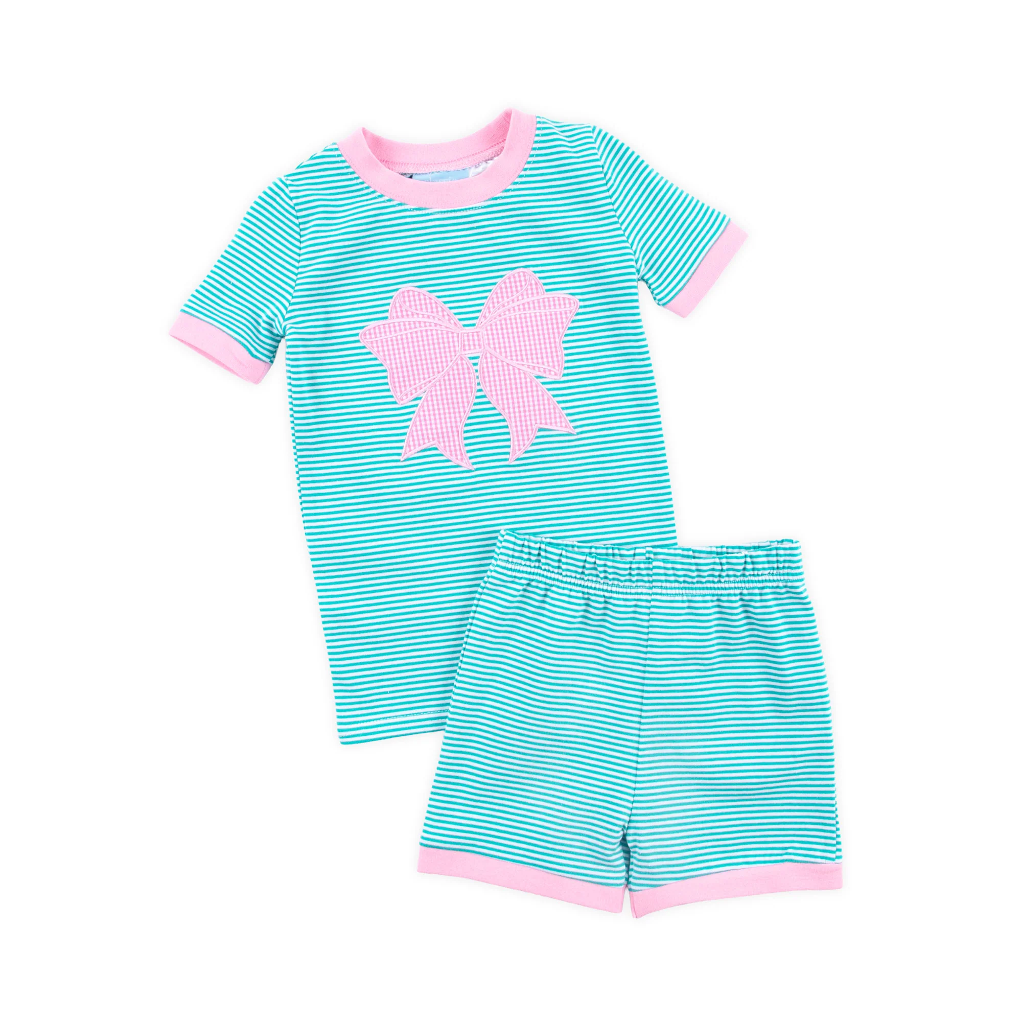 Bow Applique Green Stripe Short Pajamas - Image 3