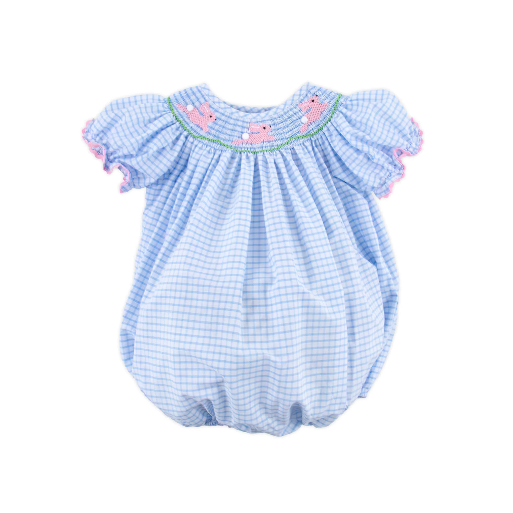 Bunny Love Smocked Light Blue Windowpane Bubble