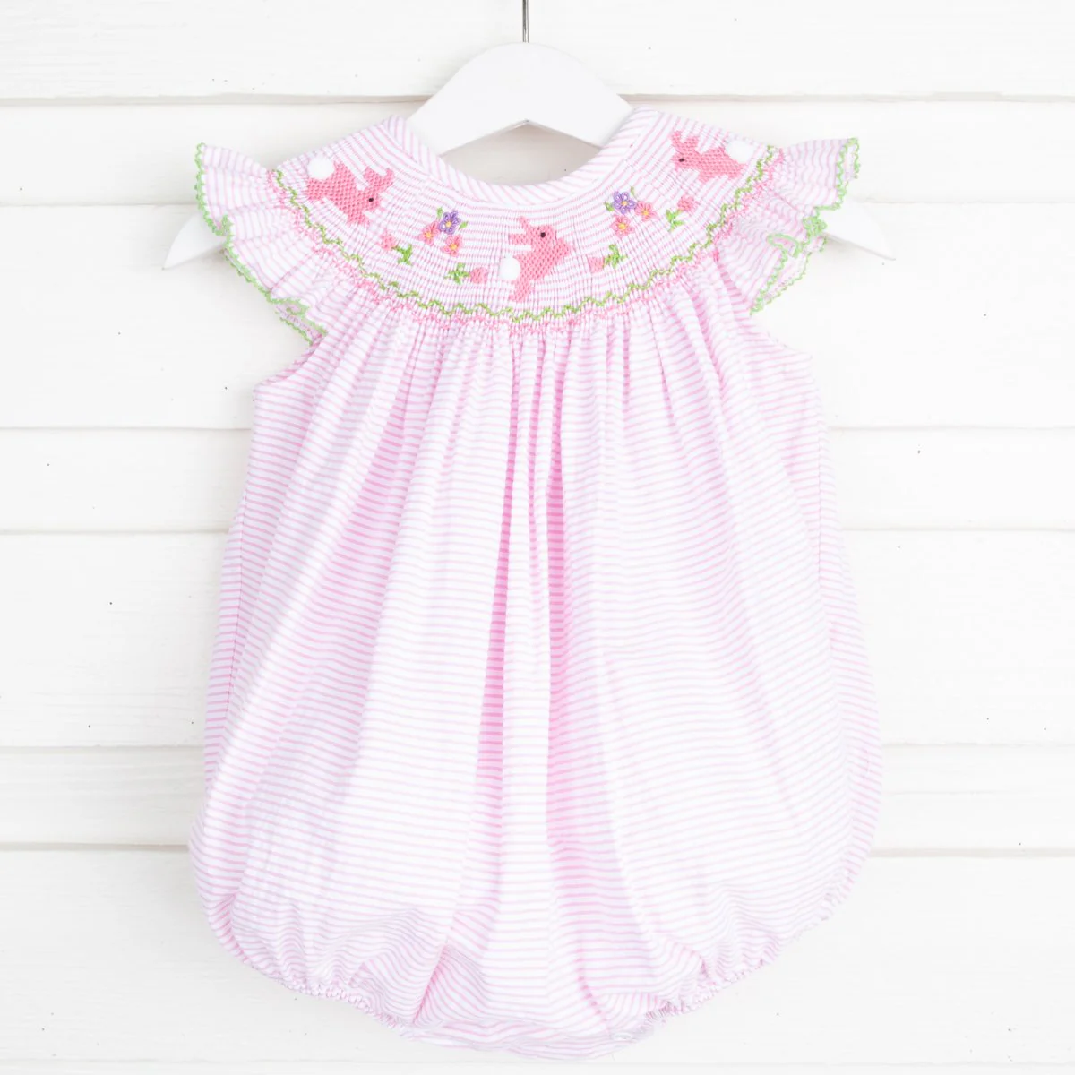 Bunny Smocked Bubble Pink Seersucker Stripe