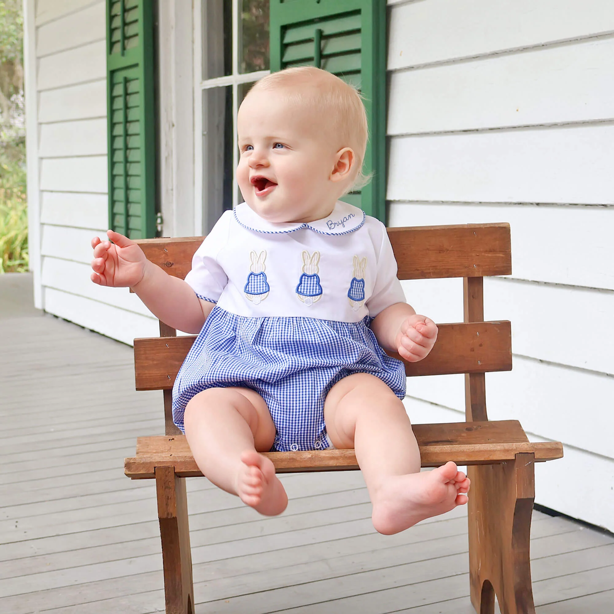 Storybook Bunny Trio Blue Gingham Collared Bubble