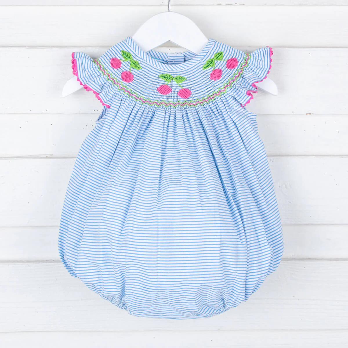 Cherry Smocked Turquoise Stripe Bubble