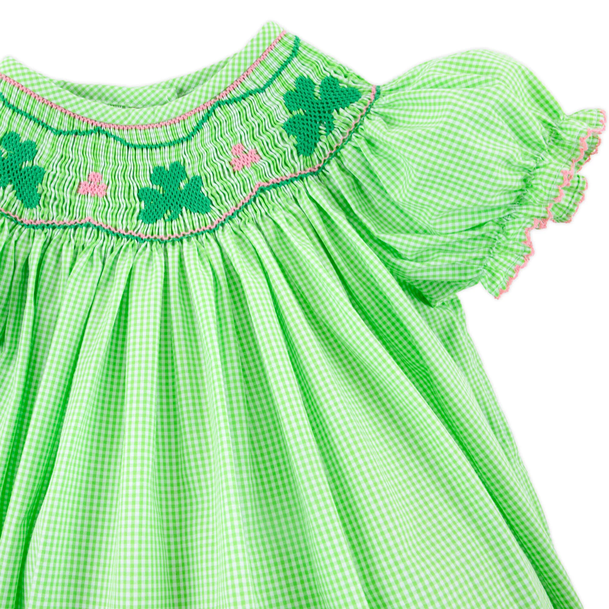 Clover Smocked Green Gingham Bishop Dress - Image 2
