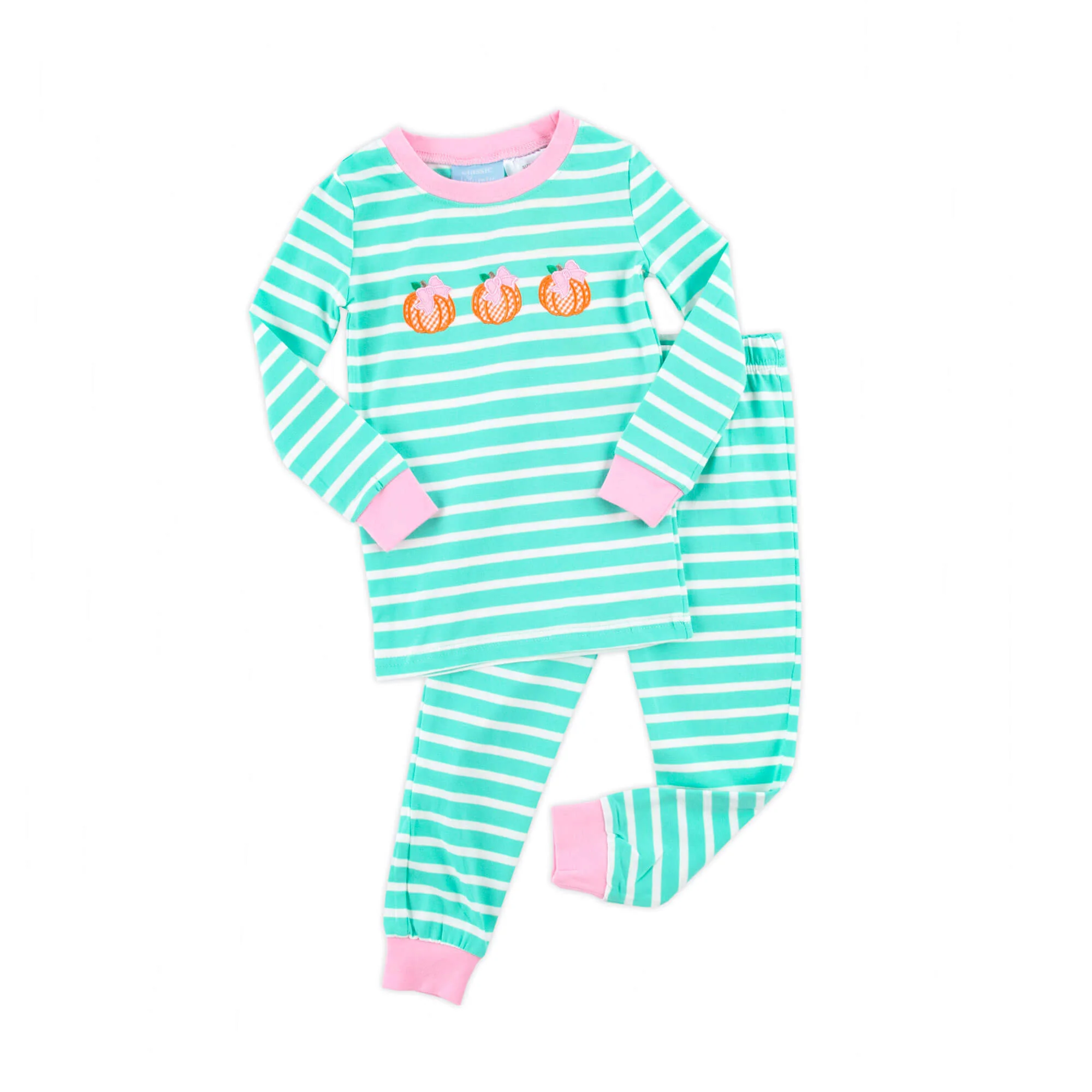 Pumpkin Bows Turquoise Stripe Pajamas - Image 3