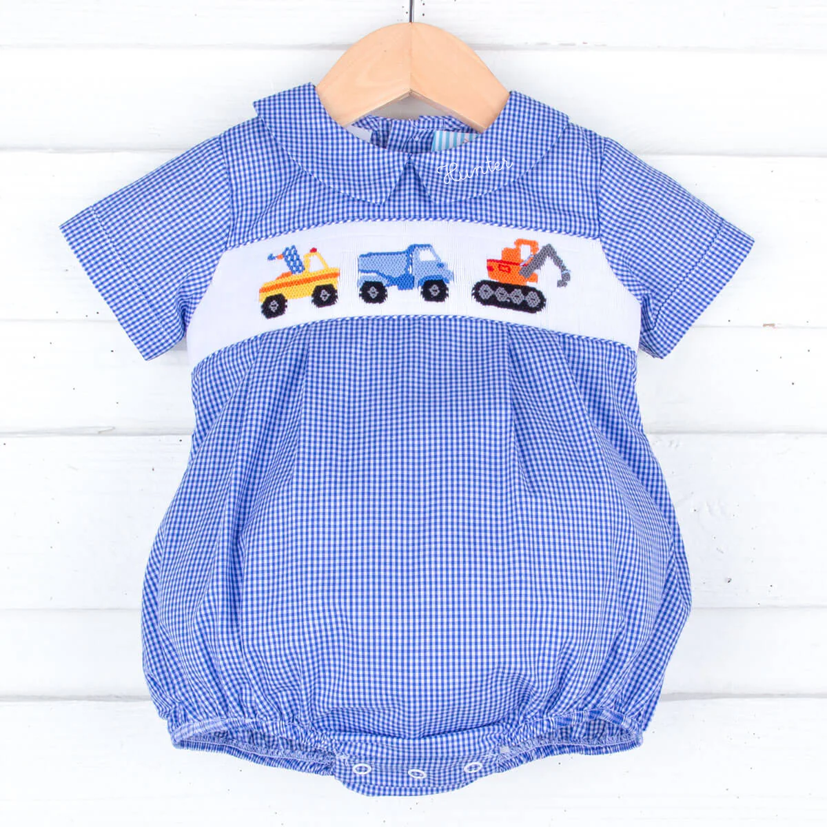 Construction Trucks Smocked Royal Blue Gingham Collared Bubble