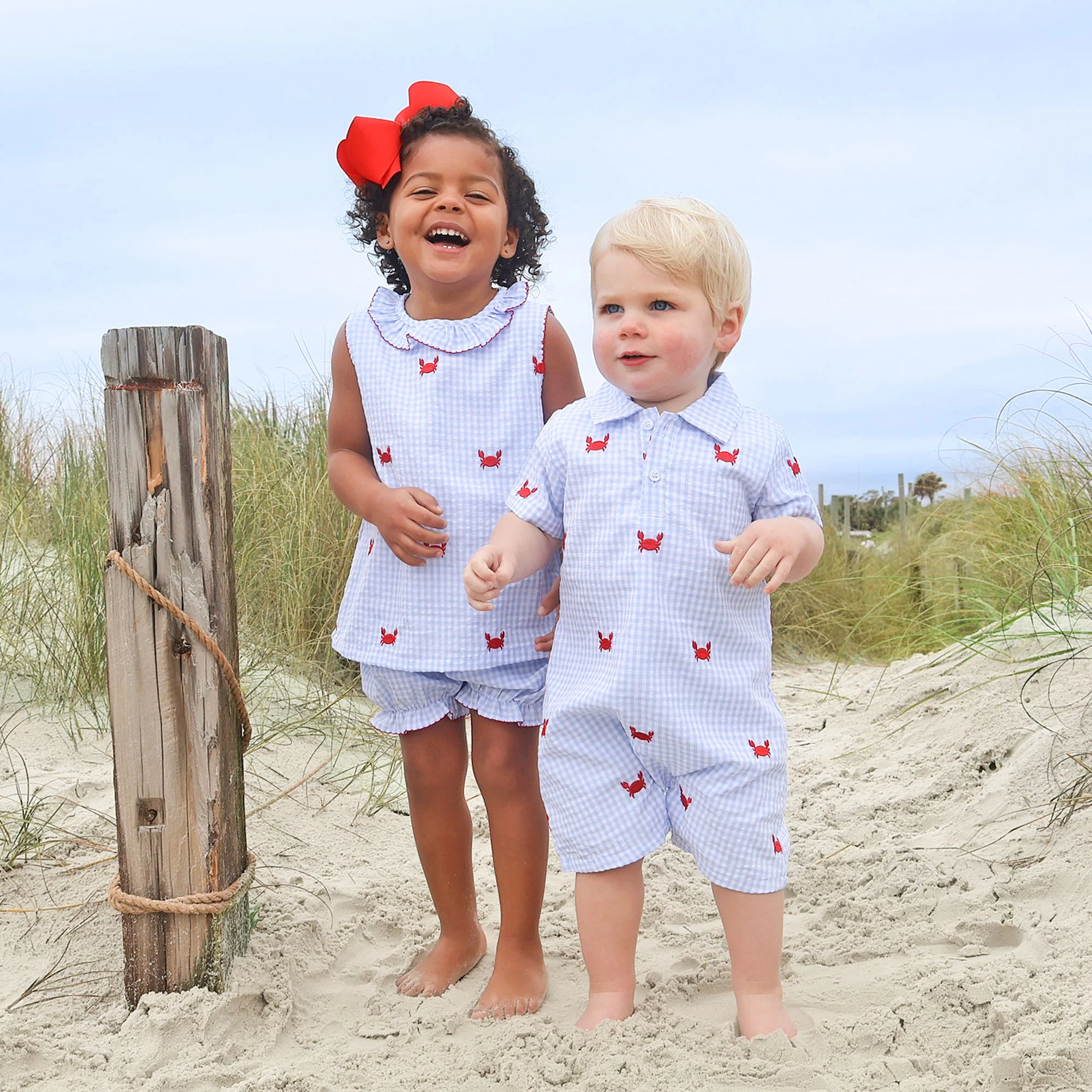 Crab Schiffli Blue Gingham Ruffle Collared Bloomer Set - Image 5