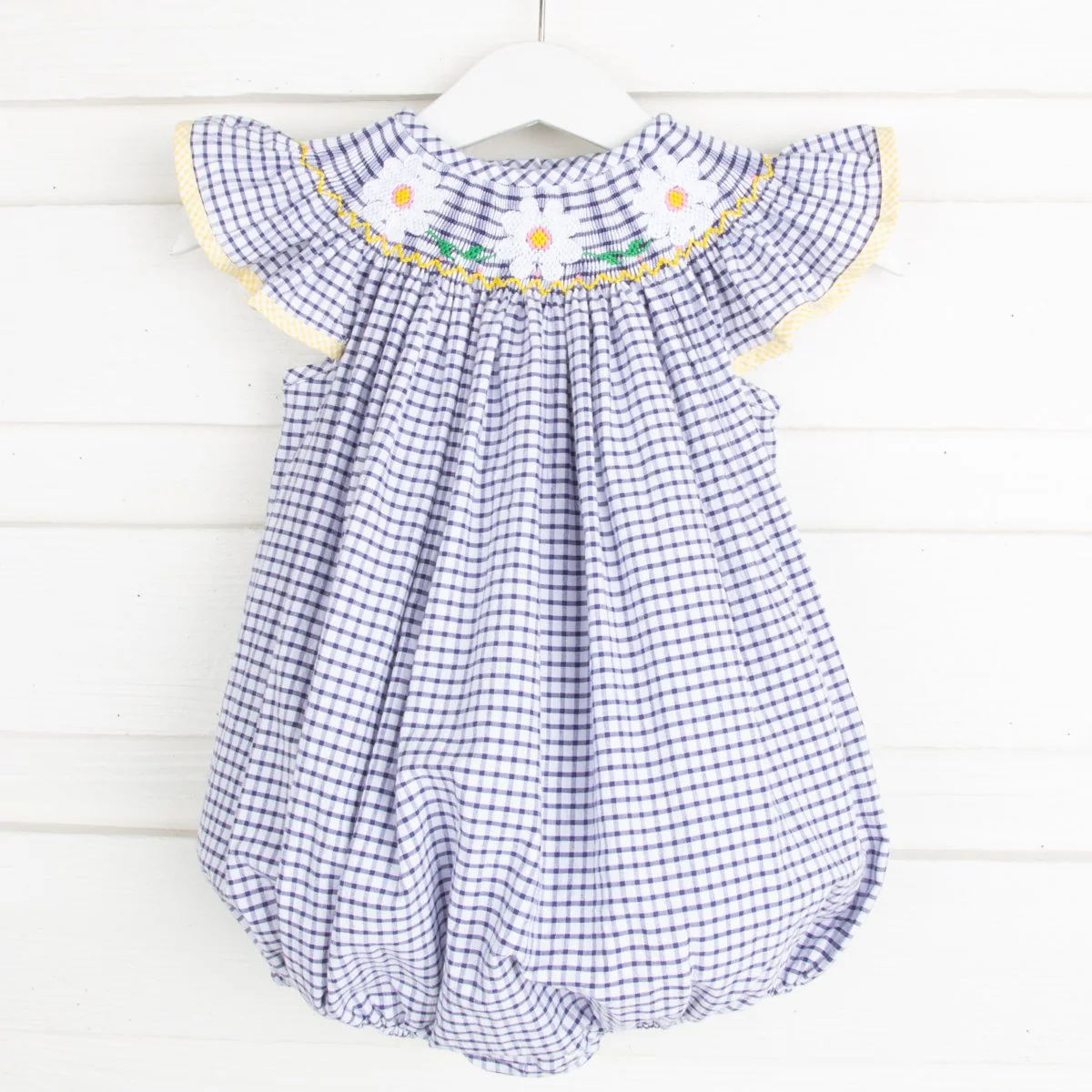 Daisy Smocked Bubble Navy Windowpane Seersucker