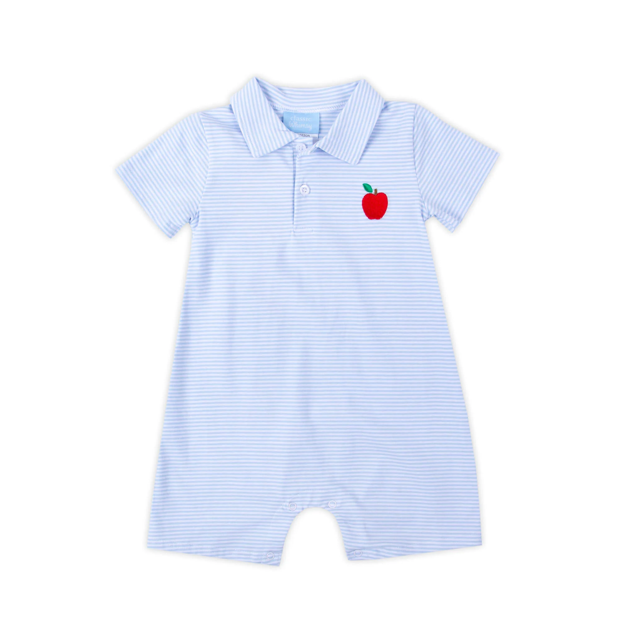 Darling Apple Light Blue Stripe Polo Romper - Image 2