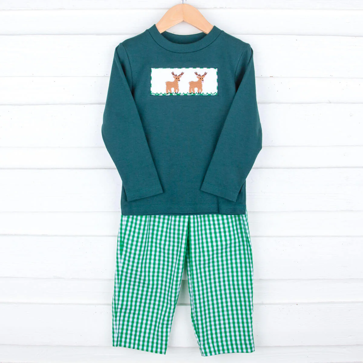Deer Smocked Green Gingham Pant Set