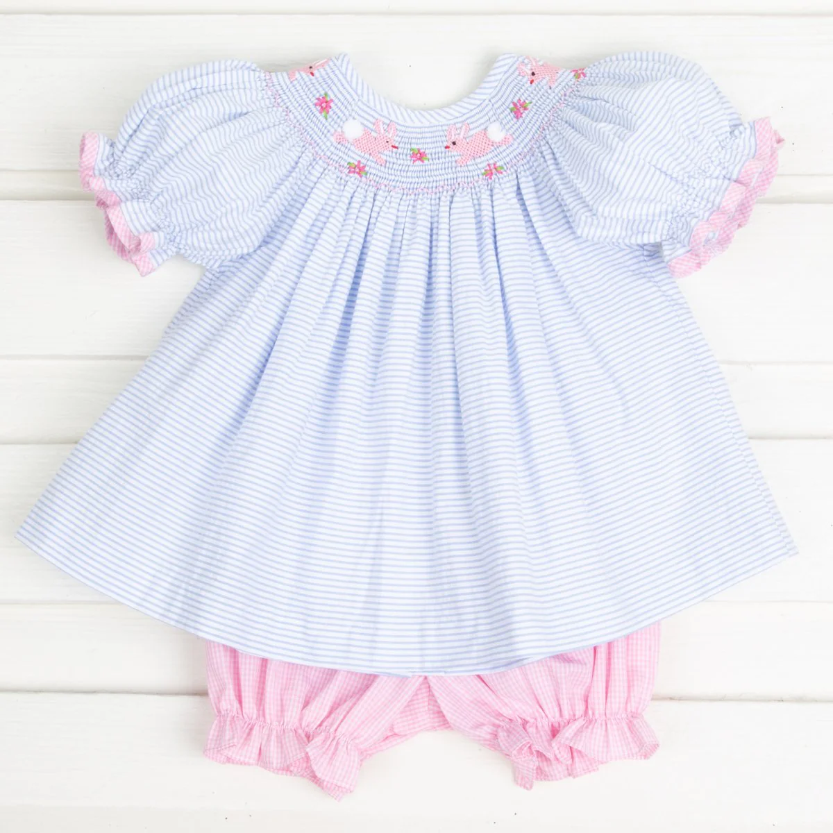 Easter Bunny Smocked Bloomer Set Light Blue Stripe Seersucker