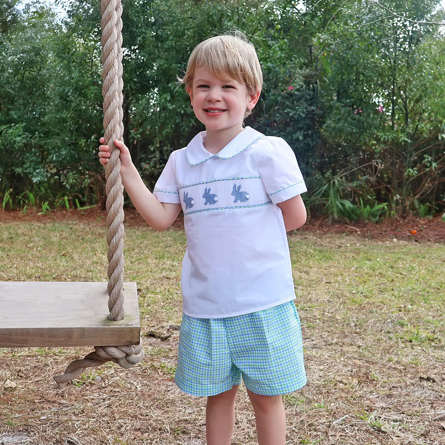 Easter Bunny Smocked Blue & Green Gingham Collared Short Set