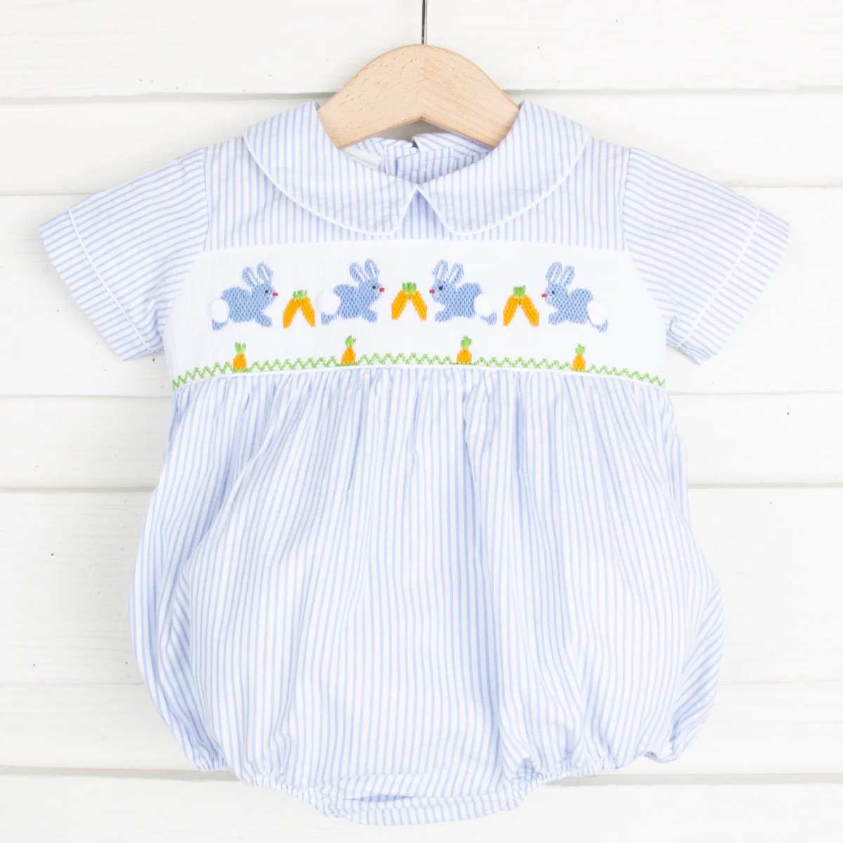 Easter Bunny Smocked Collared Boy Bubble Light Blue Seersucker