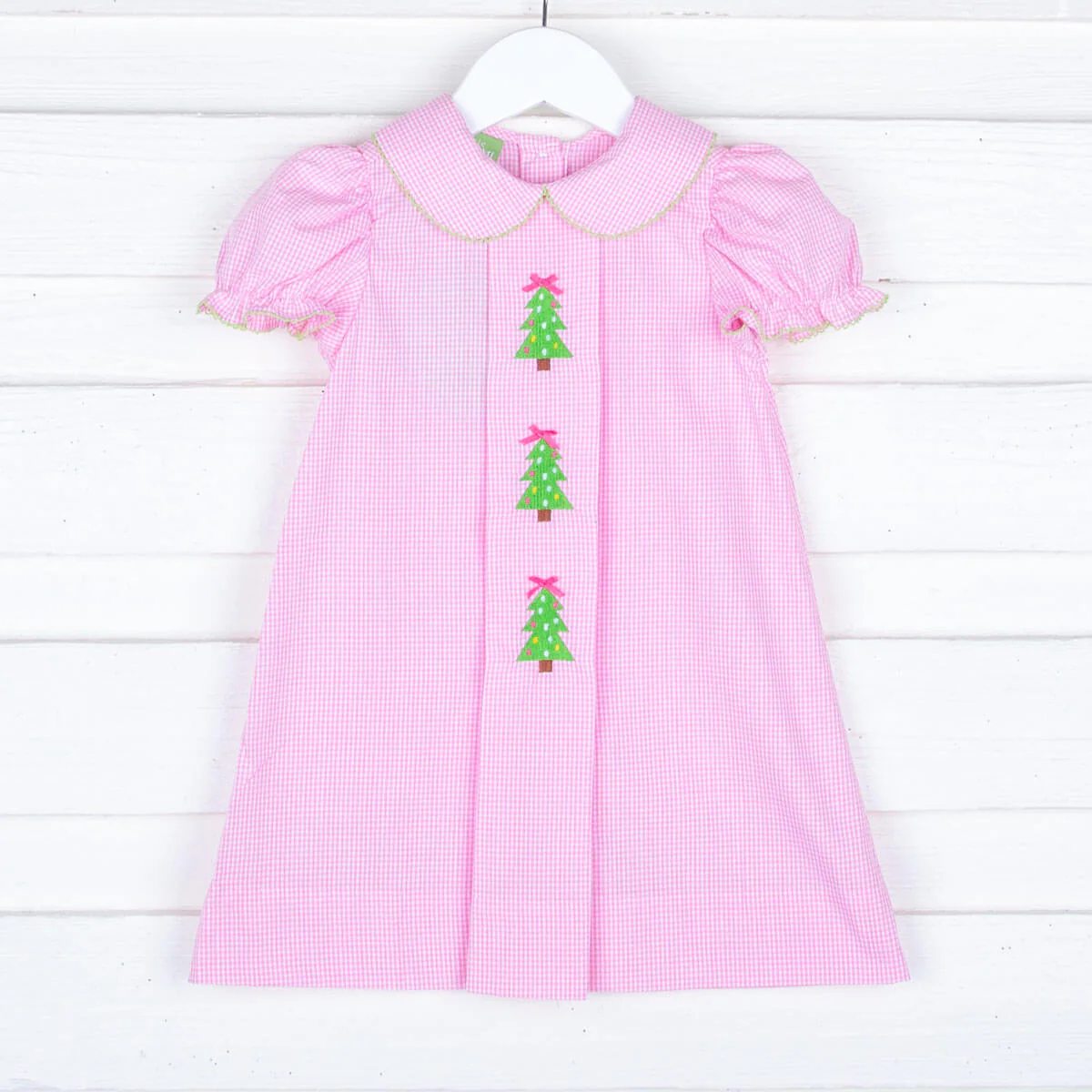 Embroidered Trees Collared Pink Gingham Dress
