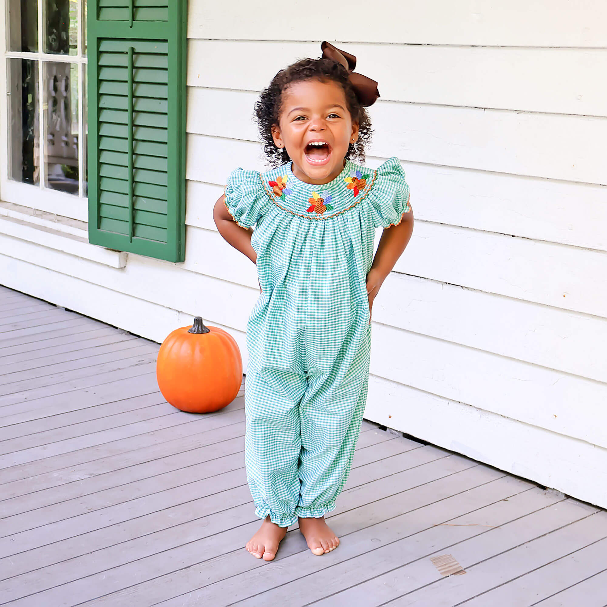 Fall Turkey Smocked Green Windowpane Long Bubble