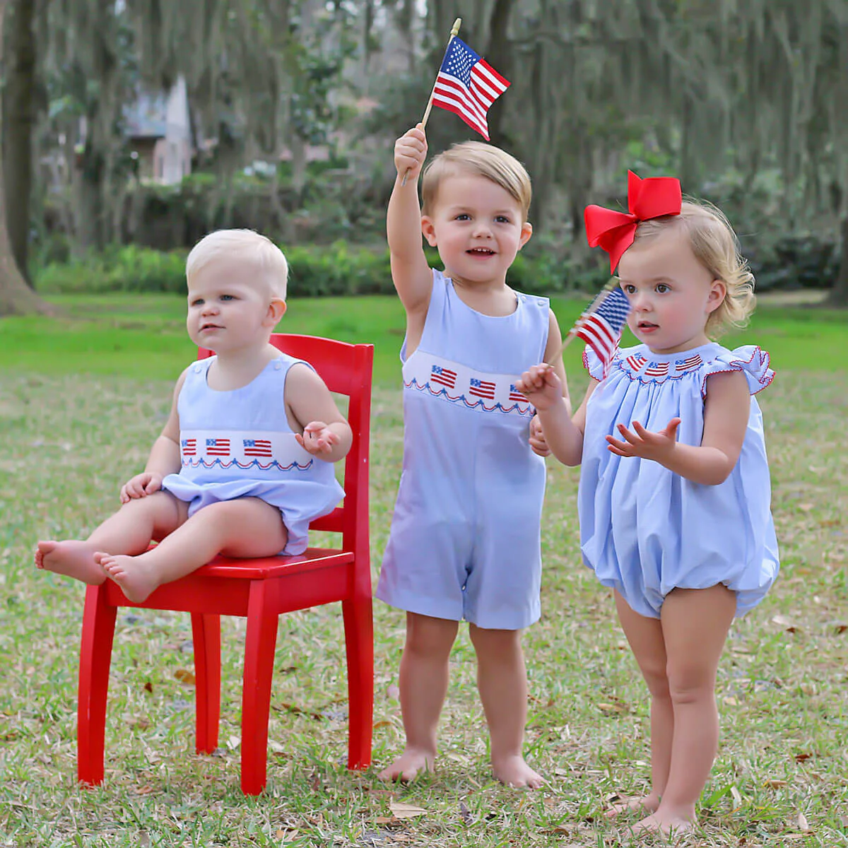 Light Blue Gingham Flag Smocked Bubble - Image 5