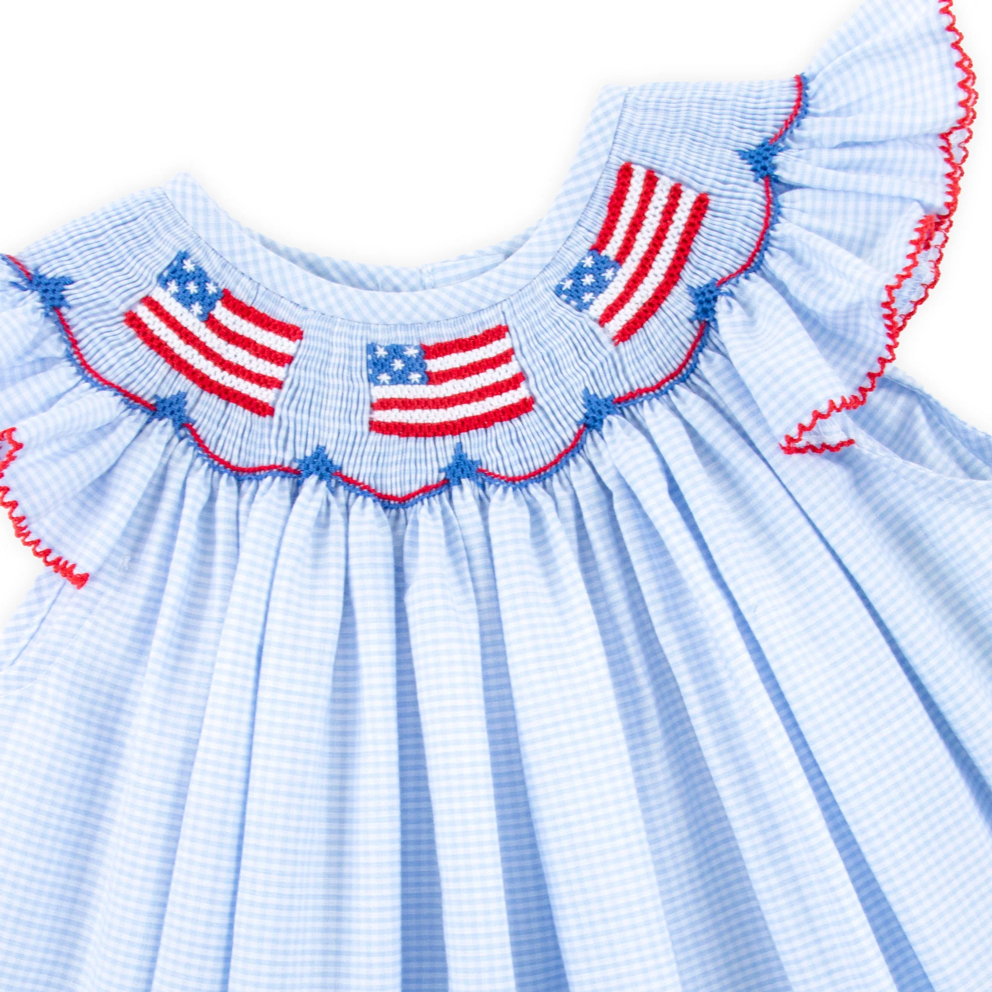 Light Blue Gingham Flag Smocked Dress - Image 4