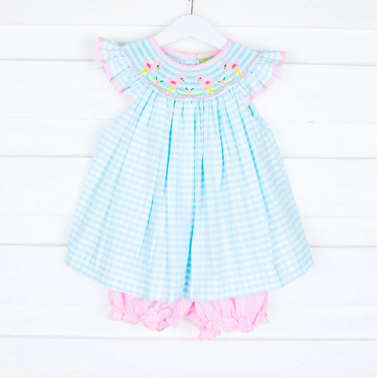 Flamingo Smocked Aqua Gingham Bloomer Set