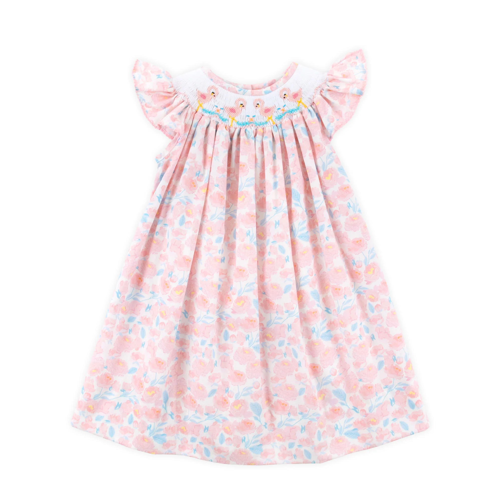 Flamingo Smocked Floral Angel Sleeve Dress