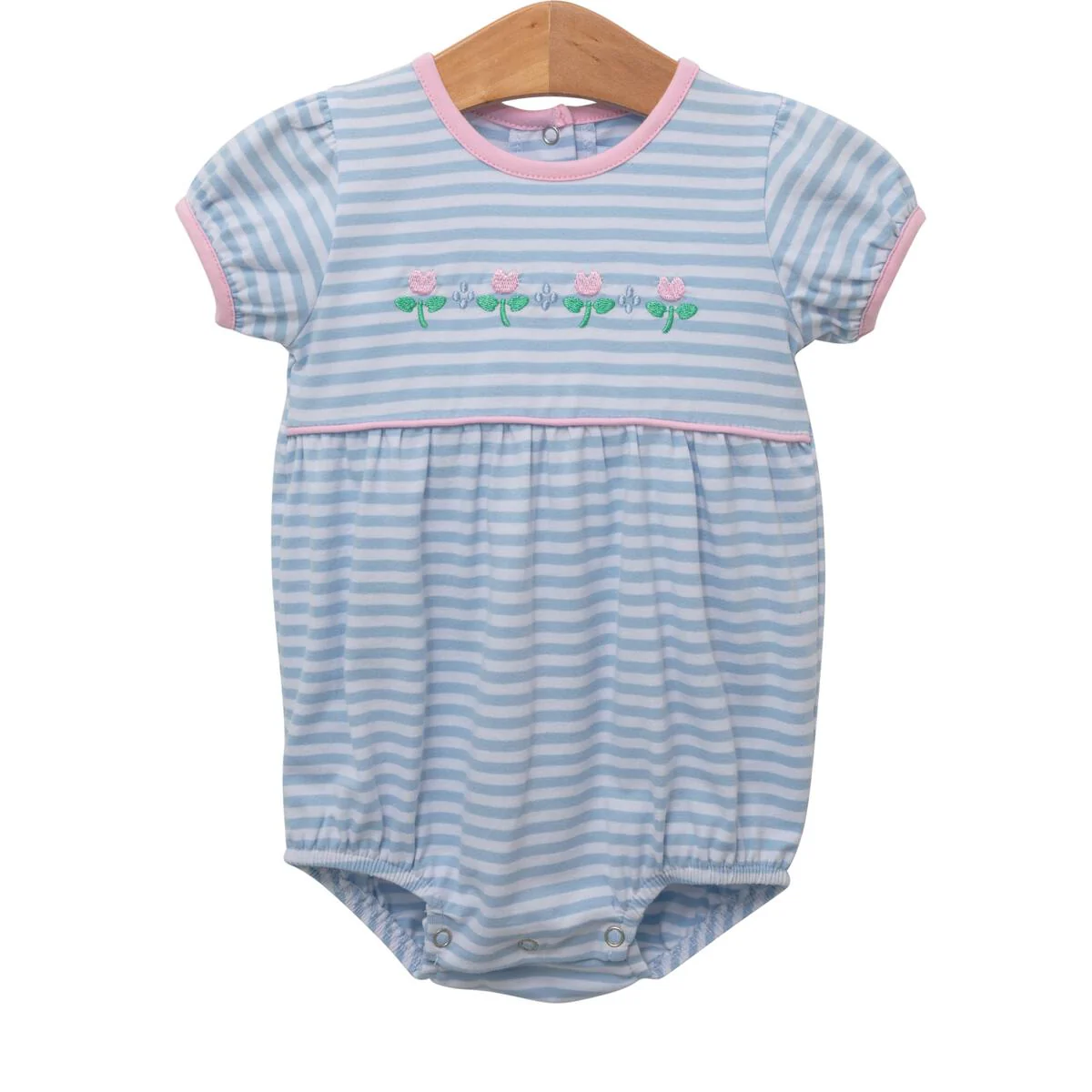 Flower Embroidered Light Blue Stripe Bubble