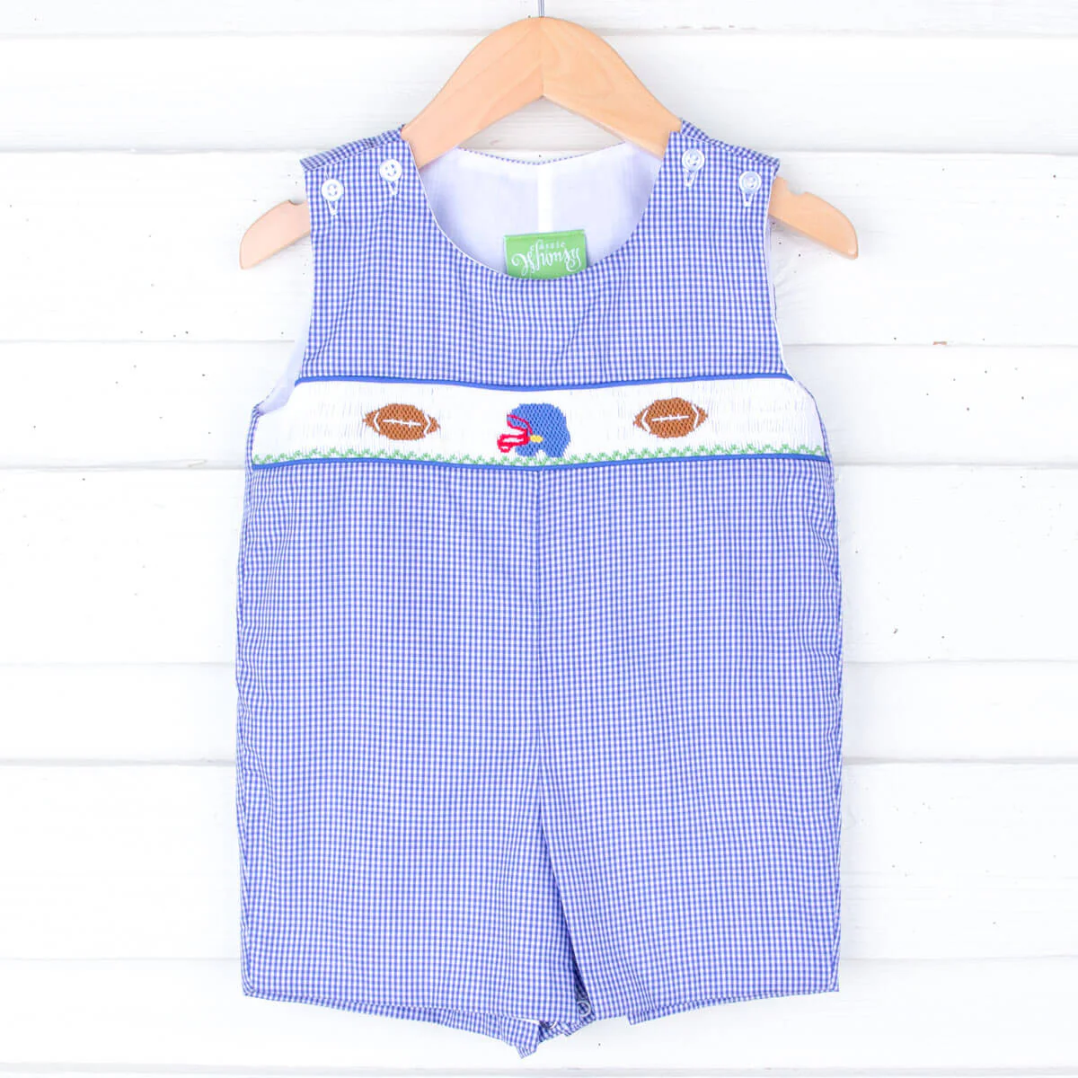 Football Smocked Royal Blue Gingham Jon Jon