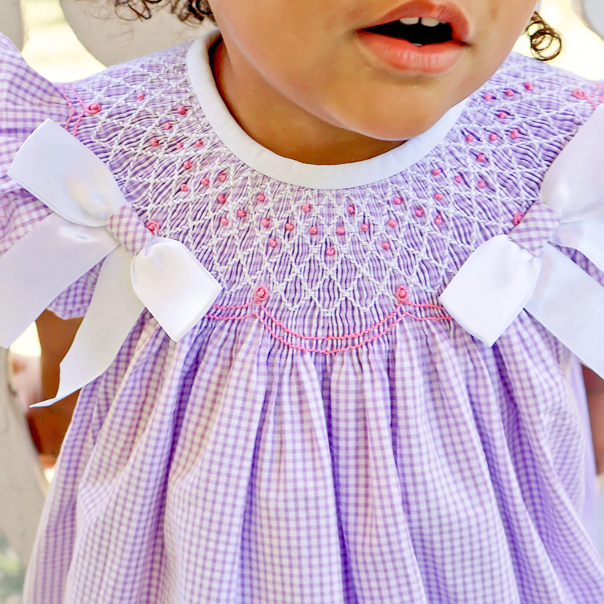 French Lavender Gingham Smocked Bow Bubble - Image 2