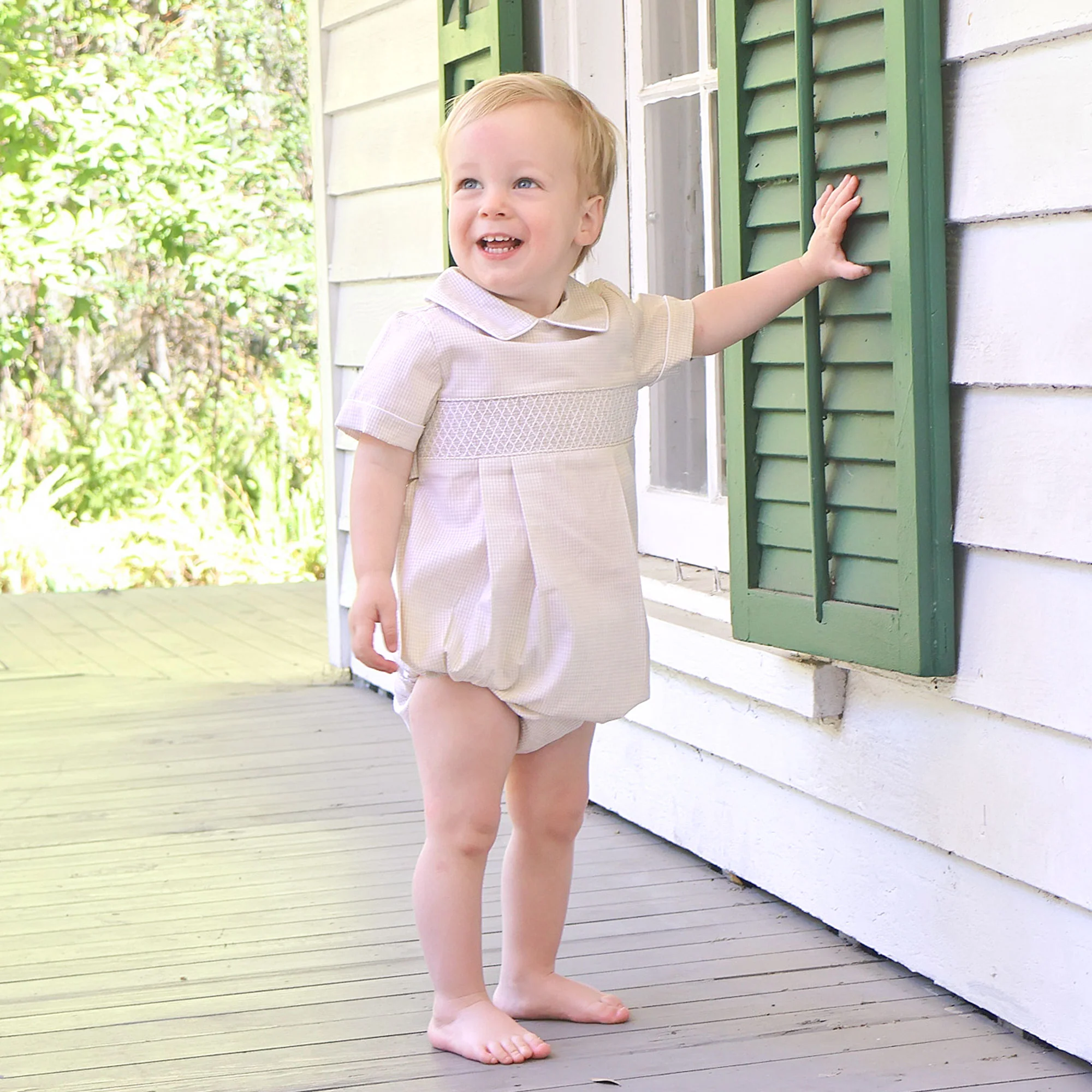 Geo Smocked Tan Gingham Collared Bubble