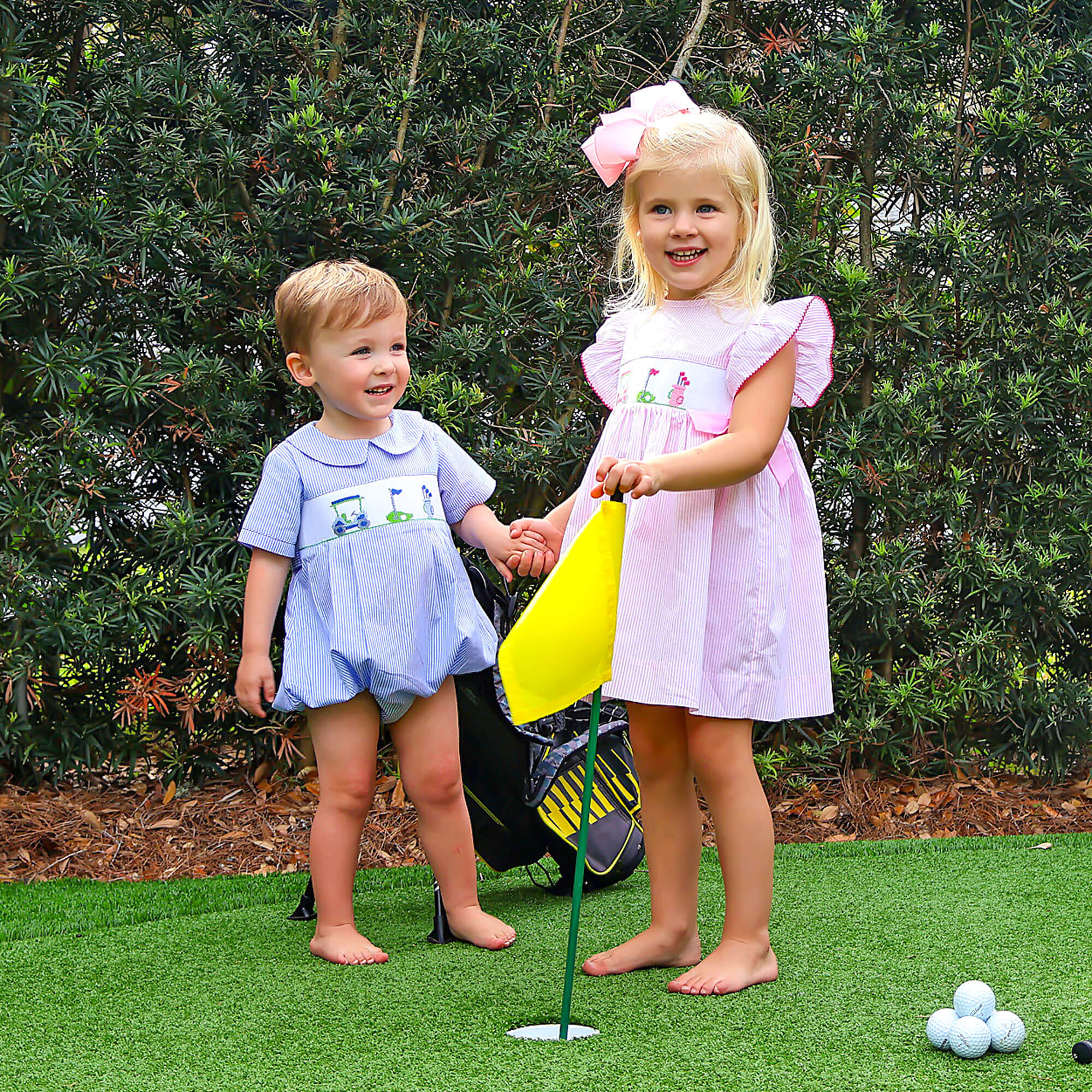Golf Course Blue Stripe Smocked Collared Bubble - Image 4
