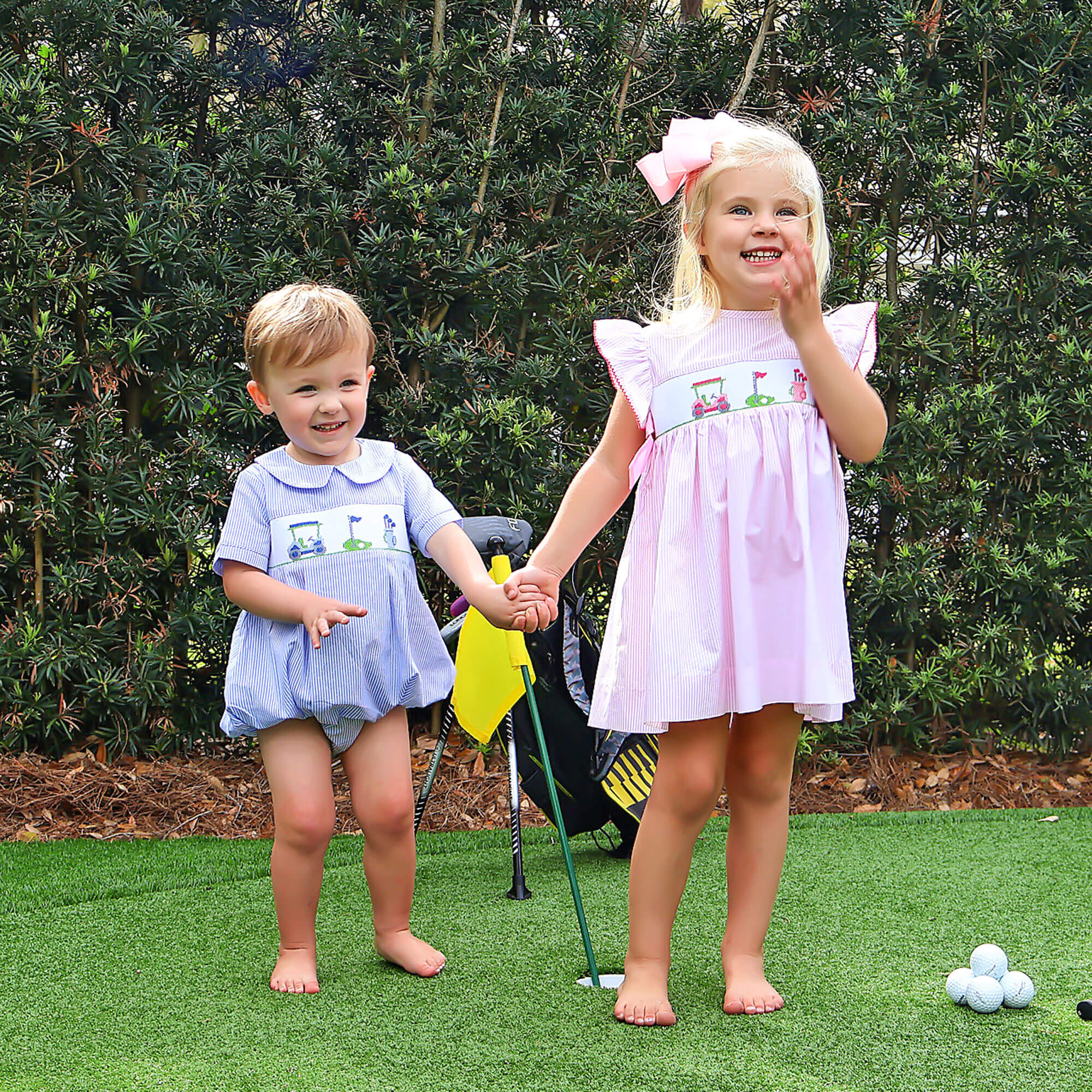 Golf Course Blue Stripe Smocked Collared Bubble - Image 5