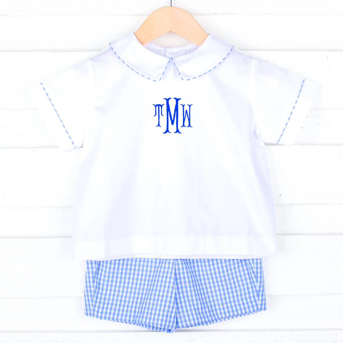White & Blue Gingham Collared Short Set