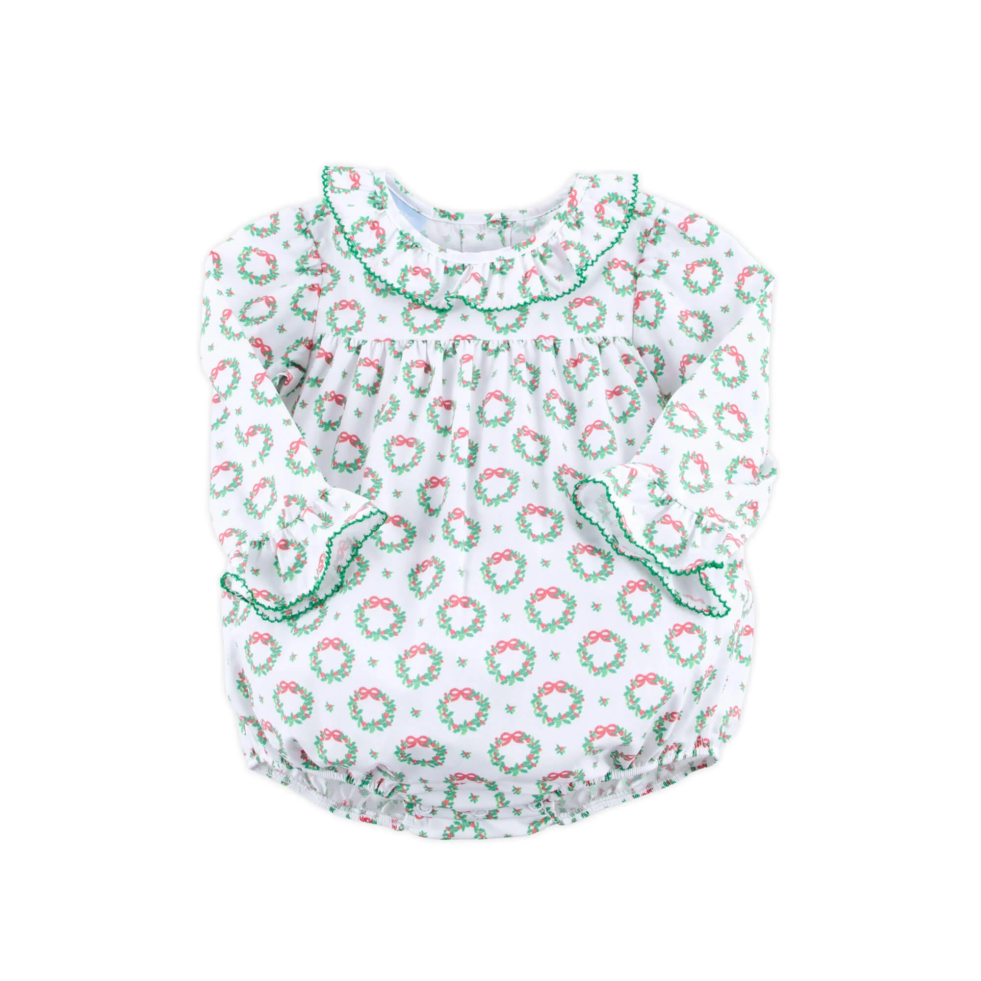 Holiday Wreath White Print Ruffle Collared Bubble