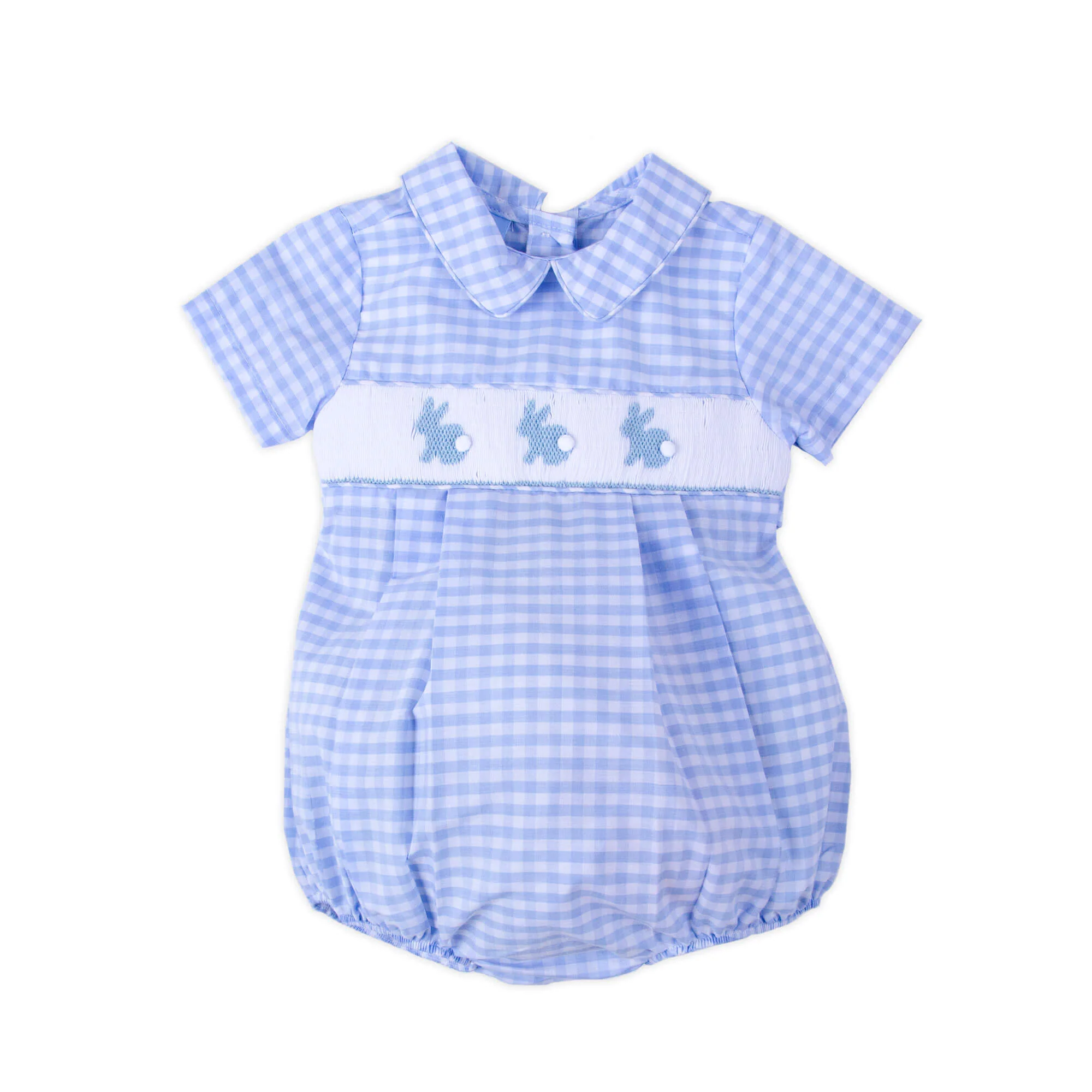 Light Blue Check Bunny Smocked Collared Bubble - Image 2