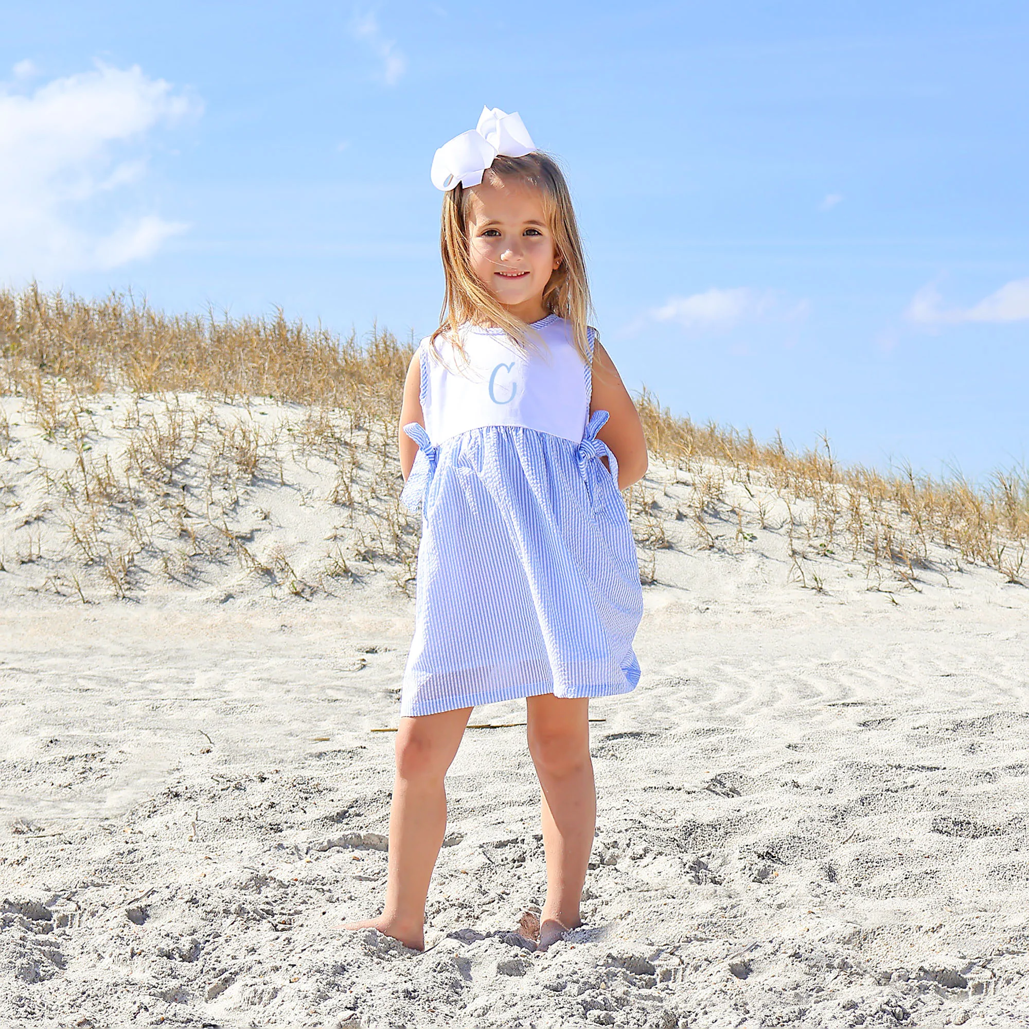 Light Blue Stripe Seersucker Side Tie Dress - Image 2