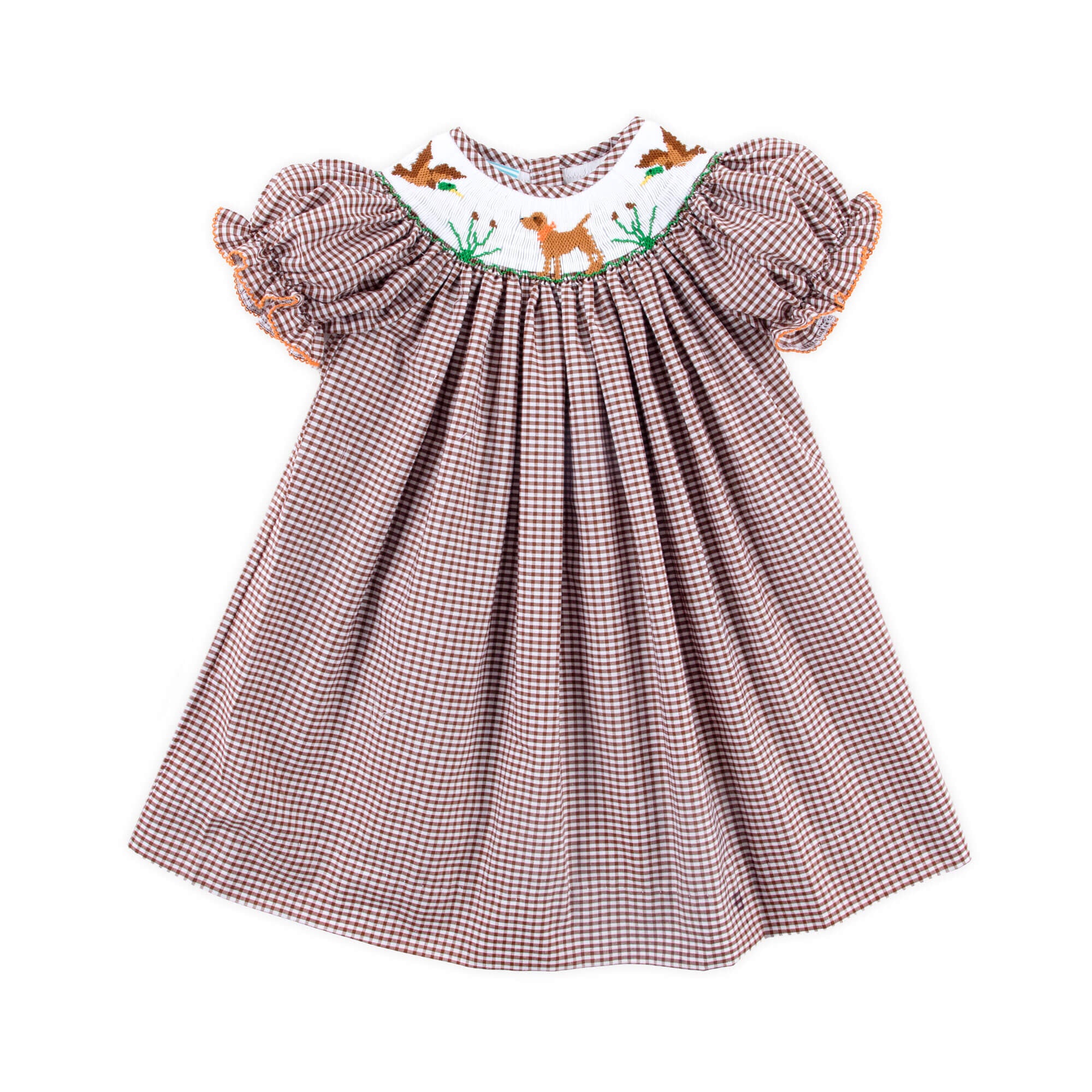 Mallard & Dog Smocked Brown Gingham Bishop Dress