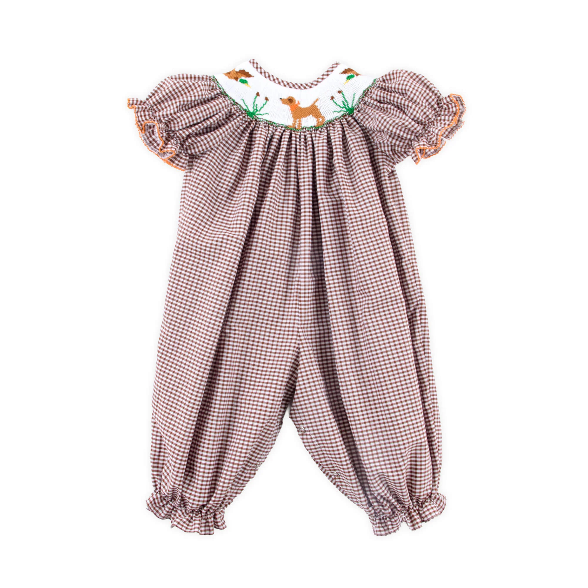 Mallard & Dog Smocked Brown Gingham Long Bubble