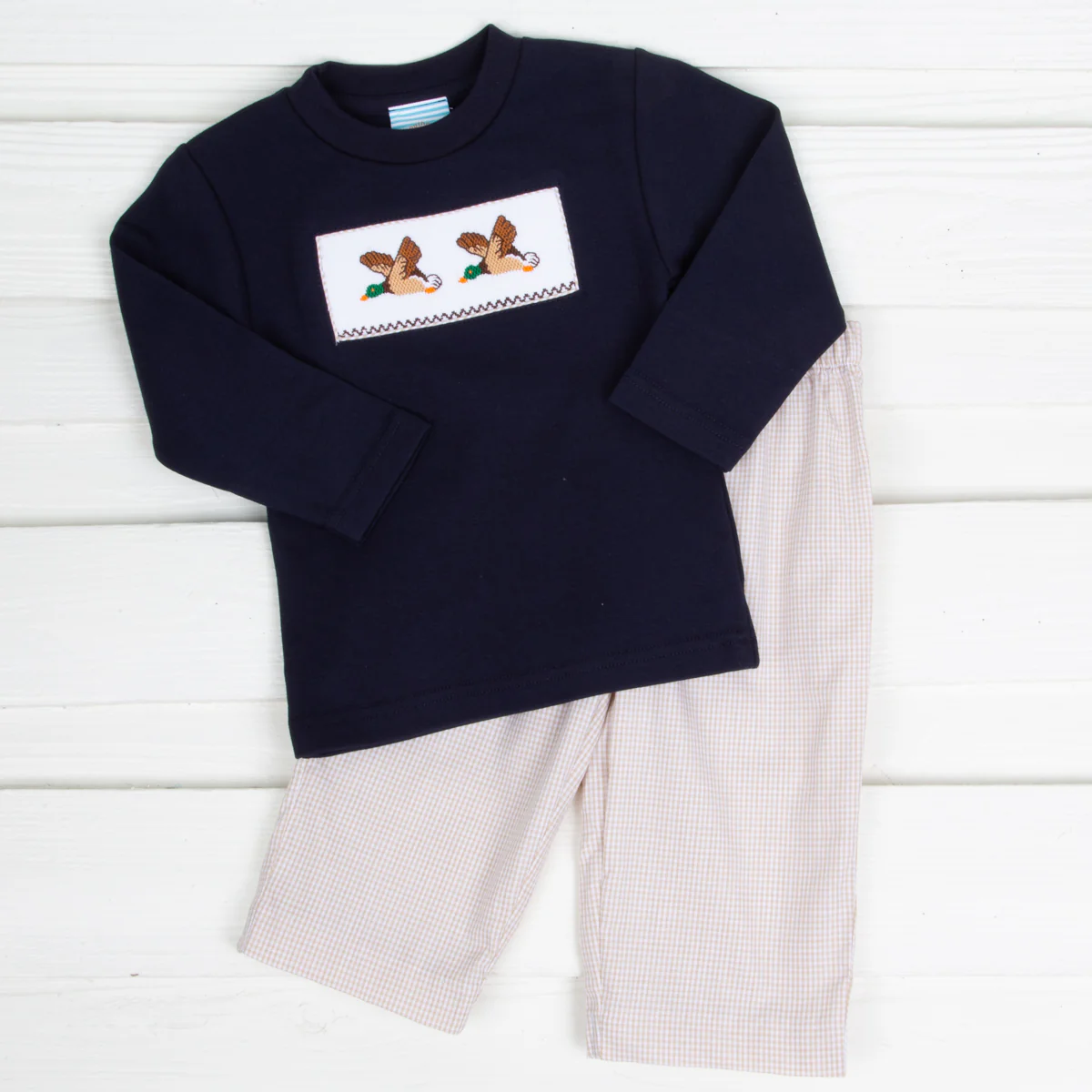 Mallard Smocked Boys Pant Set Tan Gingham