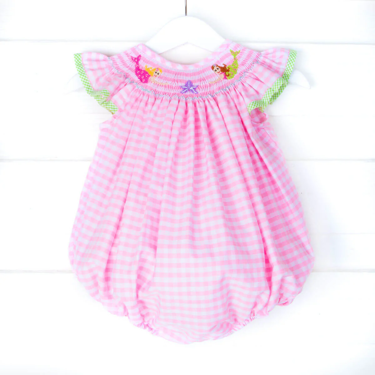 Mermaid Smocked Pink Gingham Bubble