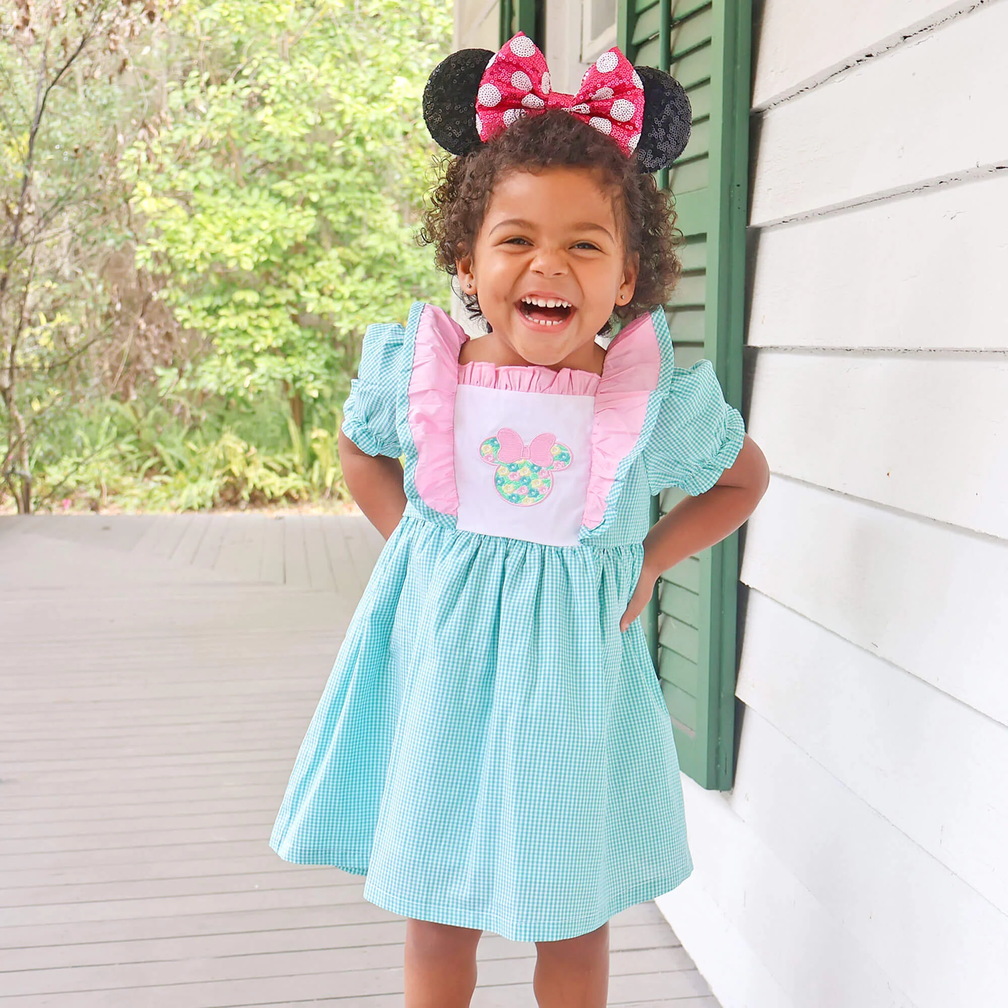 Mouse Ears Floral Embroidered Turquoise Gingham Waterfall Dress