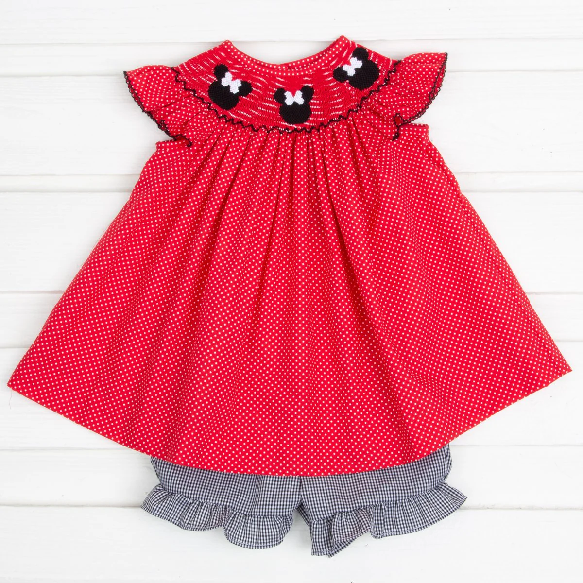 Mouse Ears Smocked Red Dotted Short Set