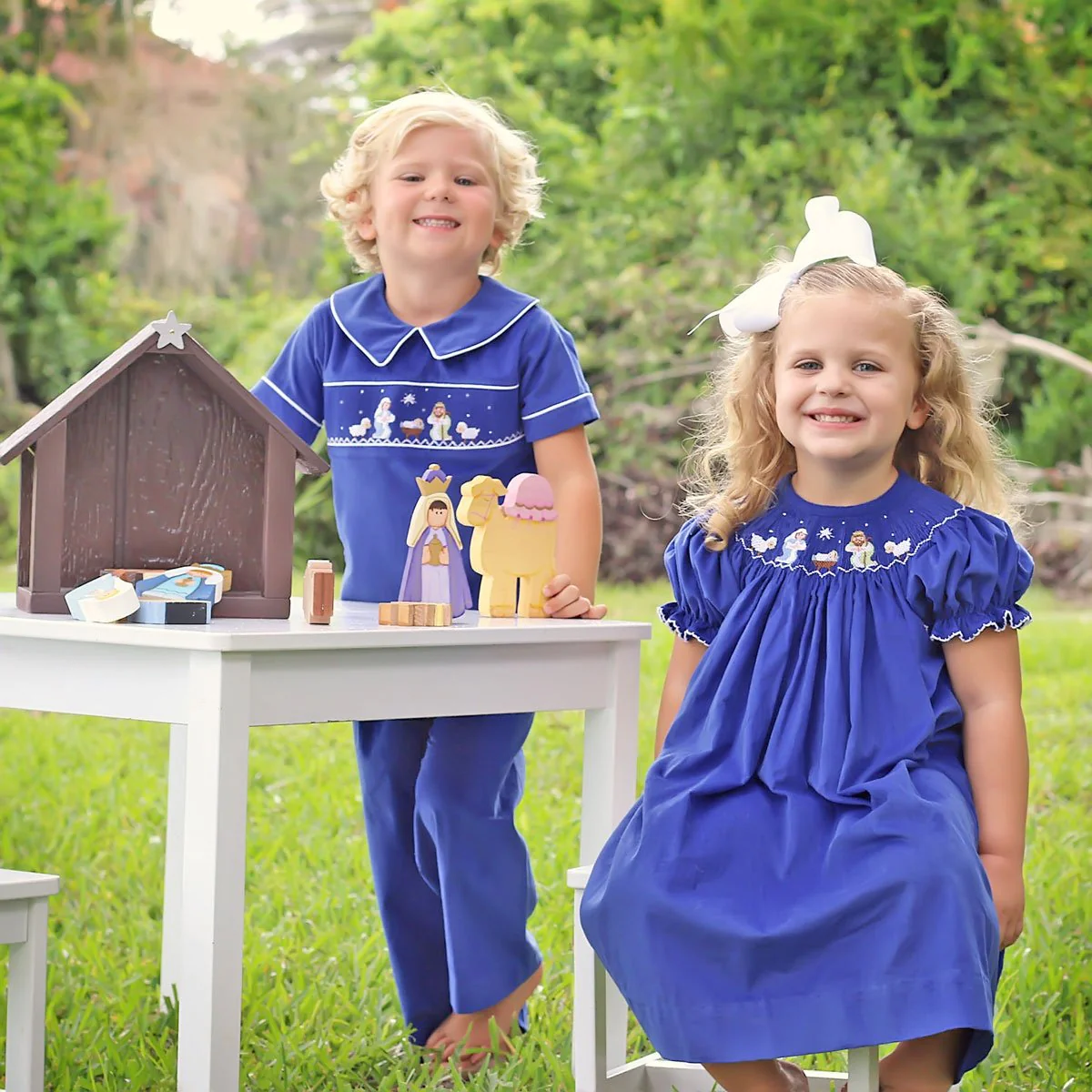 Nativity Smocked Collared Pant Set Royal Blue Corduroy - Image 5