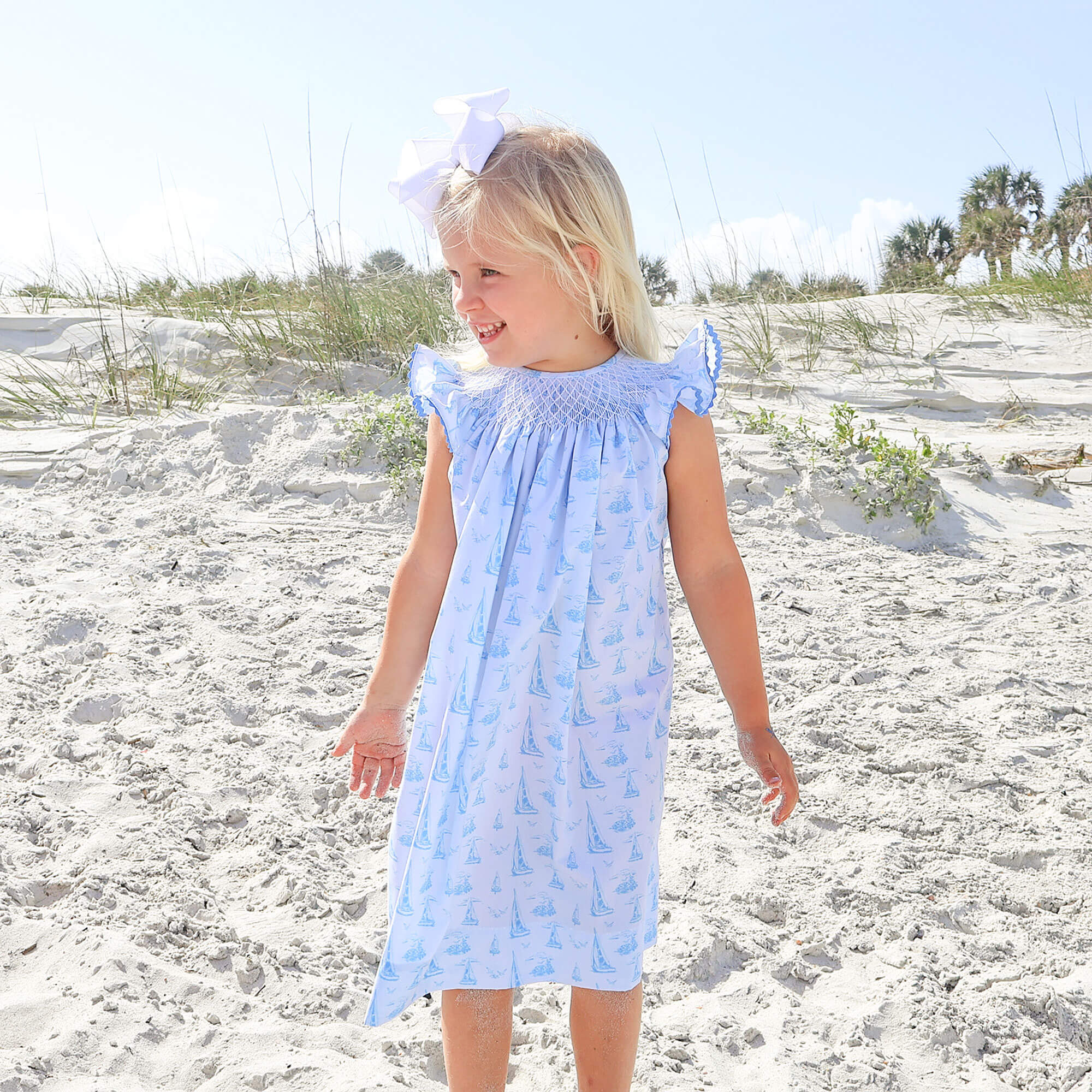 Nautical Blue Sailboat Smocked Angel Sleeve Dress