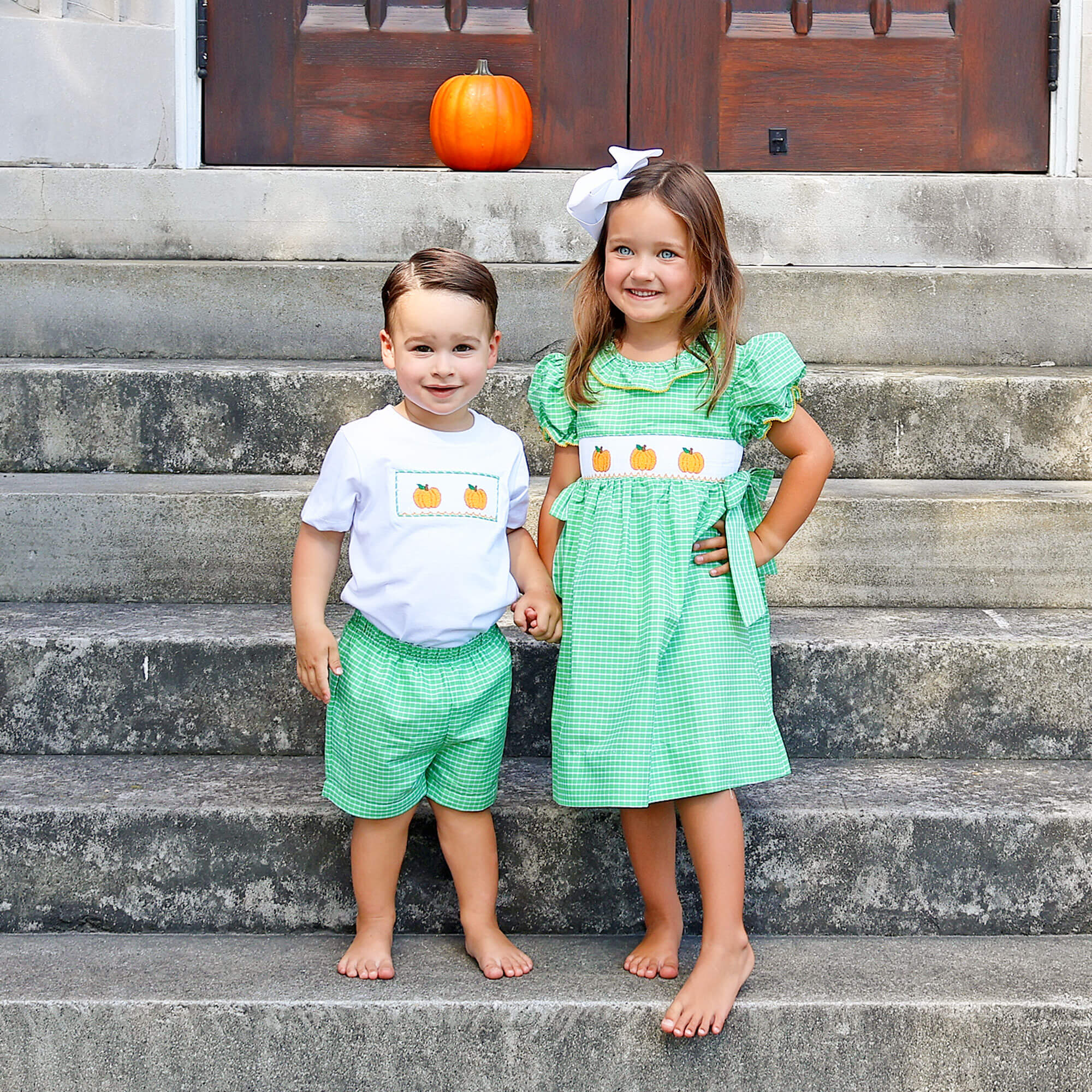 Paradise Pumpkin Smocked Green Windowpane Beverly Dress - Image 5
