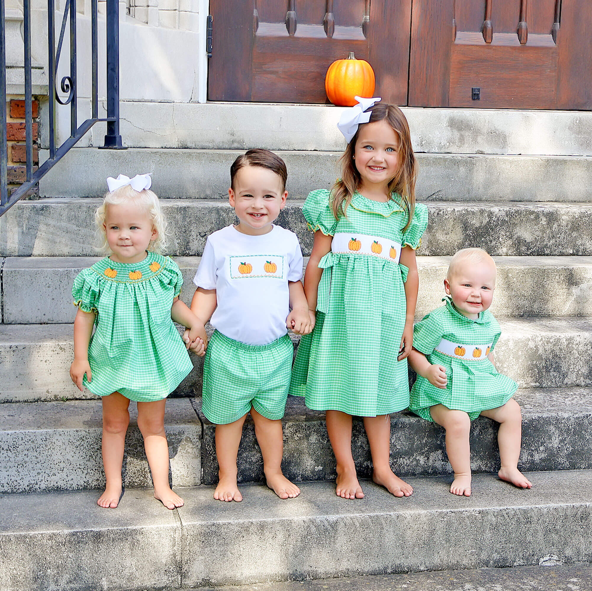 Paradise Pumpkin Smocked Green Windowpane Bubble - Image 6