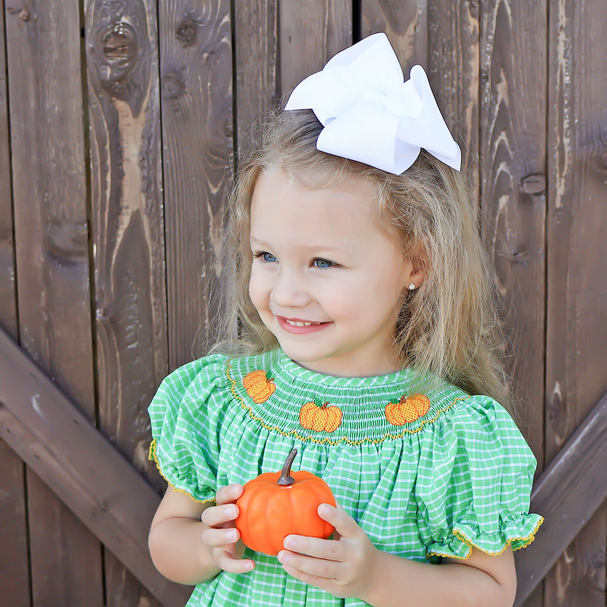 Paradise Pumpkin Smocked Green Windowpane Bubble - Image 7